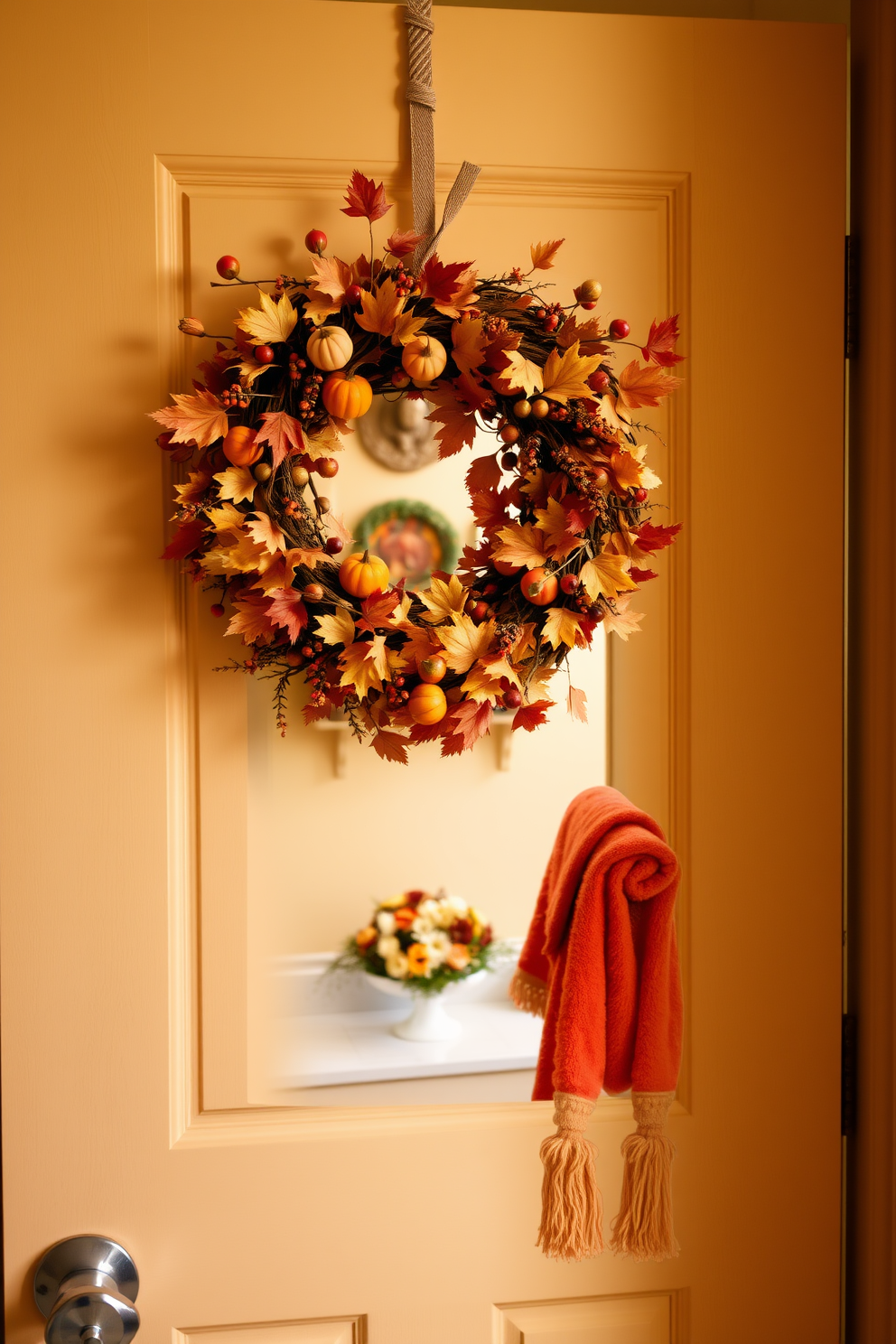 A beautiful Thanksgiving wreath adorns the bathroom door, featuring an array of autumn leaves, berries, and small pumpkins. The warm colors of the wreath complement the soft beige walls and create a cozy atmosphere. Inside, the bathroom is decorated with subtle Thanksgiving accents, including a small arrangement of seasonal flowers on the countertop. Plush towels in rich orange and deep red tones are neatly hung, enhancing the festive spirit.