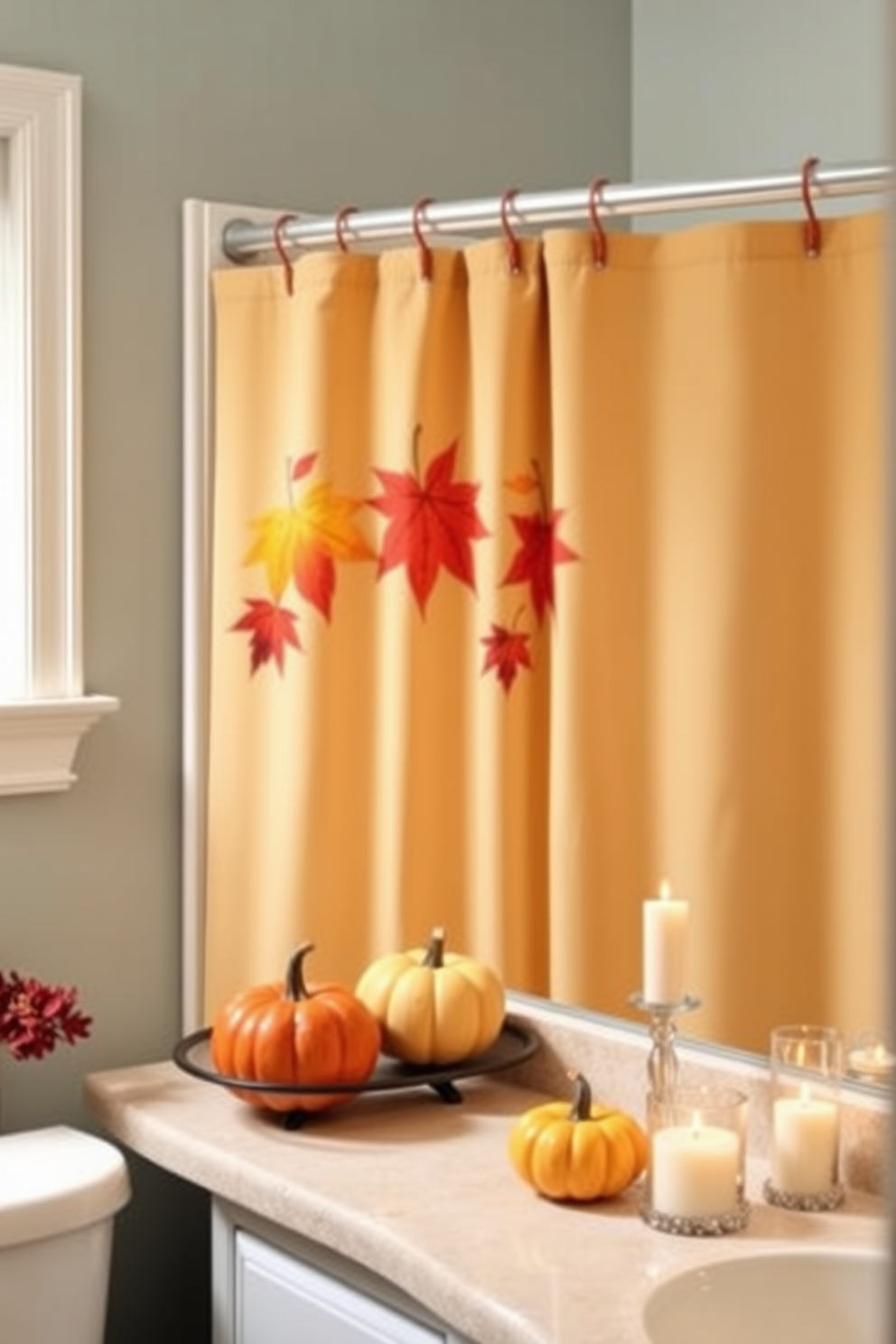 A vibrant bathroom setting features colorful autumn themed shower curtain hooks that showcase leaves in shades of orange, red, and yellow. The hooks are complemented by a warm beige shower curtain that adds a cozy touch to the space. Thanksgiving bathroom decorating ideas include a centerpiece of small pumpkins and gourds arranged on the countertop. Soft, scented candles in fall fragrances enhance the inviting atmosphere, making the bathroom feel festive and seasonal.