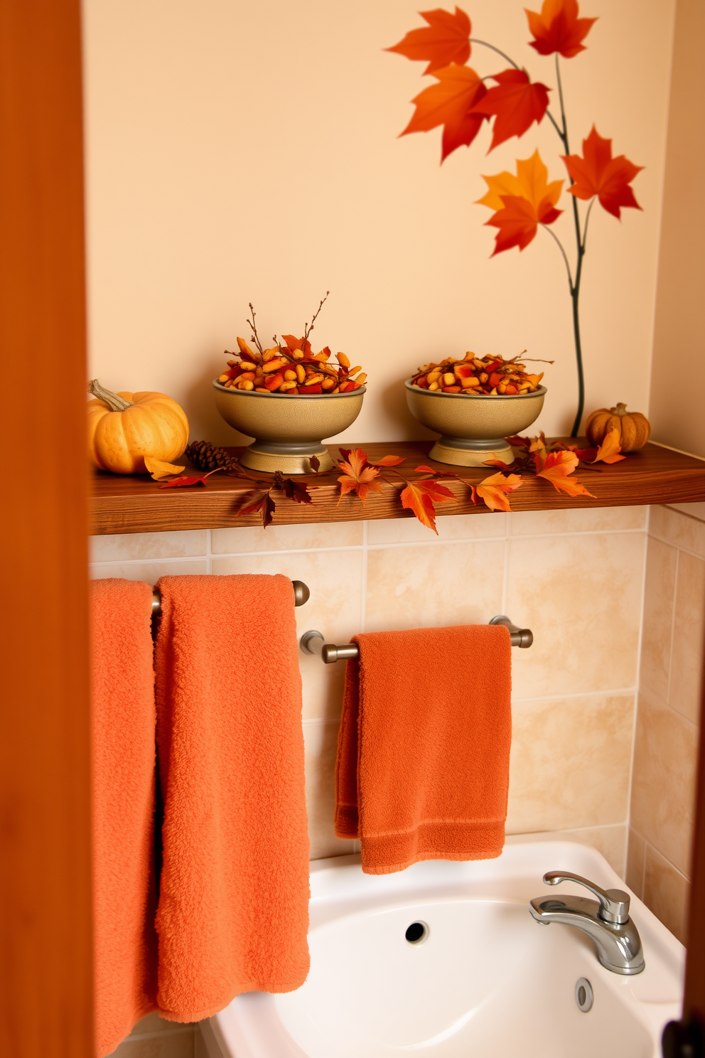 A cozy bathroom adorned with seasonal potpourri in decorative bowls. The bowls are placed on a wooden shelf above the sink, adding a touch of warmth and color to the space. Rich autumn hues of orange, red, and gold fill the room, reflecting the spirit of Thanksgiving. Soft, plush towels in complementary colors hang neatly on a heated towel rack, enhancing the inviting atmosphere.