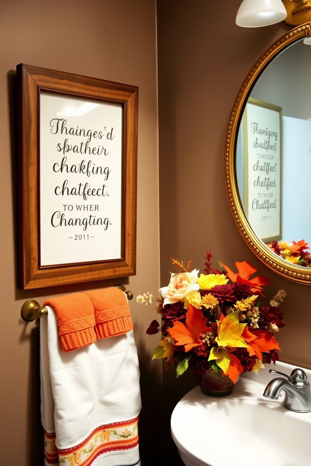 Thanksgiving quote prints in frames adorn the walls of a cozy bathroom. The frames are a mix of rustic wood and elegant gold, creating a warm and inviting atmosphere. Thanksgiving bathroom decorating ideas include soft, autumn-themed towels and a centerpiece of seasonal flowers. The color palette features rich oranges, deep reds, and earthy browns, enhancing the festive spirit.