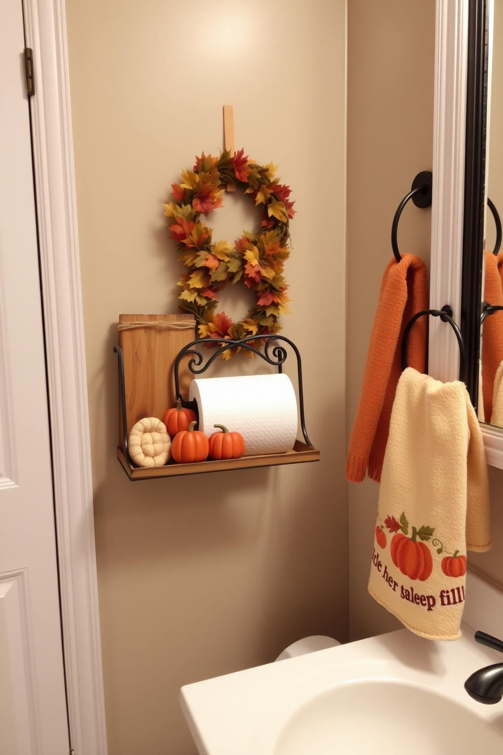 Charming fall themed toilet paper holder. This decorative piece features a rustic wooden design adorned with autumn leaves and pumpkins, adding a warm touch to your bathroom decor. Thanksgiving bathroom decorating ideas. Incorporate seasonal elements such as a festive wreath on the door and a cozy autumn-themed hand towel displayed near the sink.