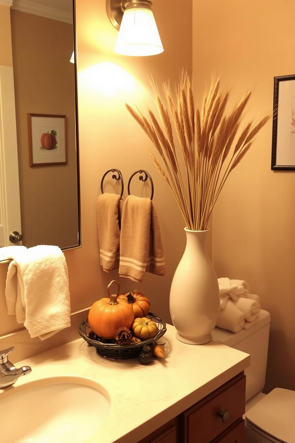 A warm and inviting bathroom setting adorned for Thanksgiving. A decorative vase filled with dried wheat stalks sits elegantly on the countertop, complementing the autumnal theme. Soft, neutral tones dominate the space, with plush towels and seasonal decor adding a cozy touch. The walls are adorned with subtle autumn-themed artwork, enhancing the festive atmosphere.