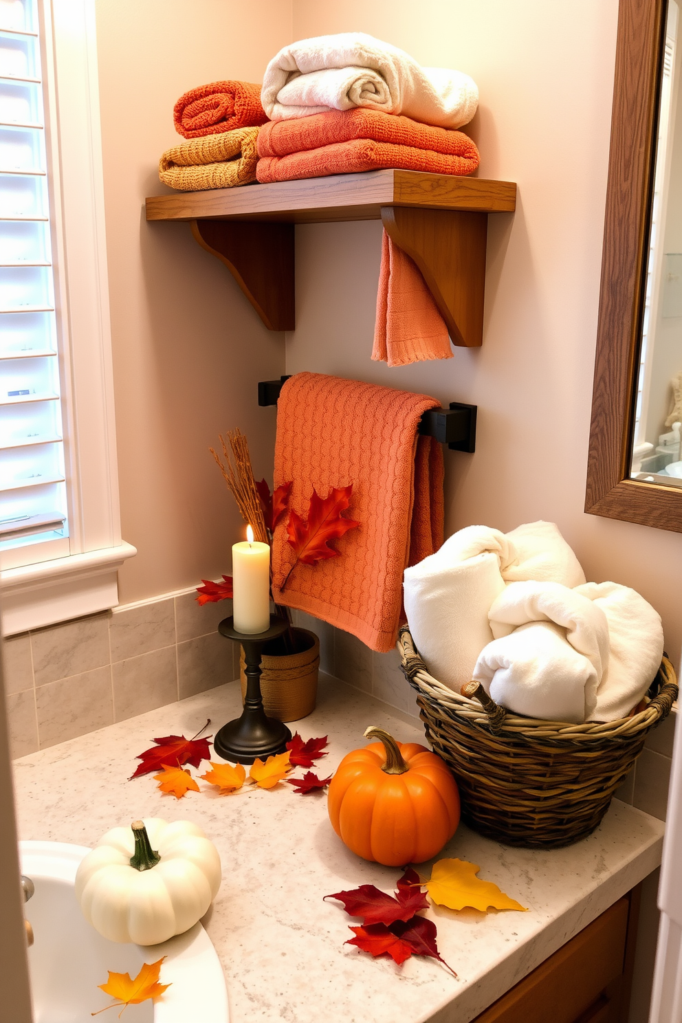 A cozy bathroom setting decorated for Thanksgiving. Soft autumn colored washcloths and towels are neatly arranged on a wooden shelf, adding warmth to the space. Pumpkins and fall leaves are scattered across the countertop, complementing the seasonal theme. A scented candle flickers next to a decorative basket filled with fresh towels, creating an inviting atmosphere.