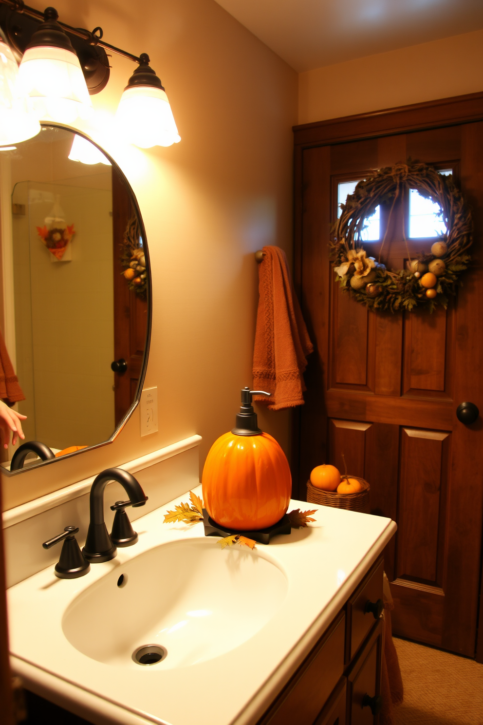 A warm and inviting bathroom adorned for Thanksgiving. The centerpiece is a pumpkin soap dispenser placed elegantly on the sink, surrounded by autumn-themed decor. Soft, golden lighting enhances the cozy atmosphere, while a festive wreath hangs on the door. Earthy tones and seasonal accents create a harmonious and cheerful space for holiday gatherings.