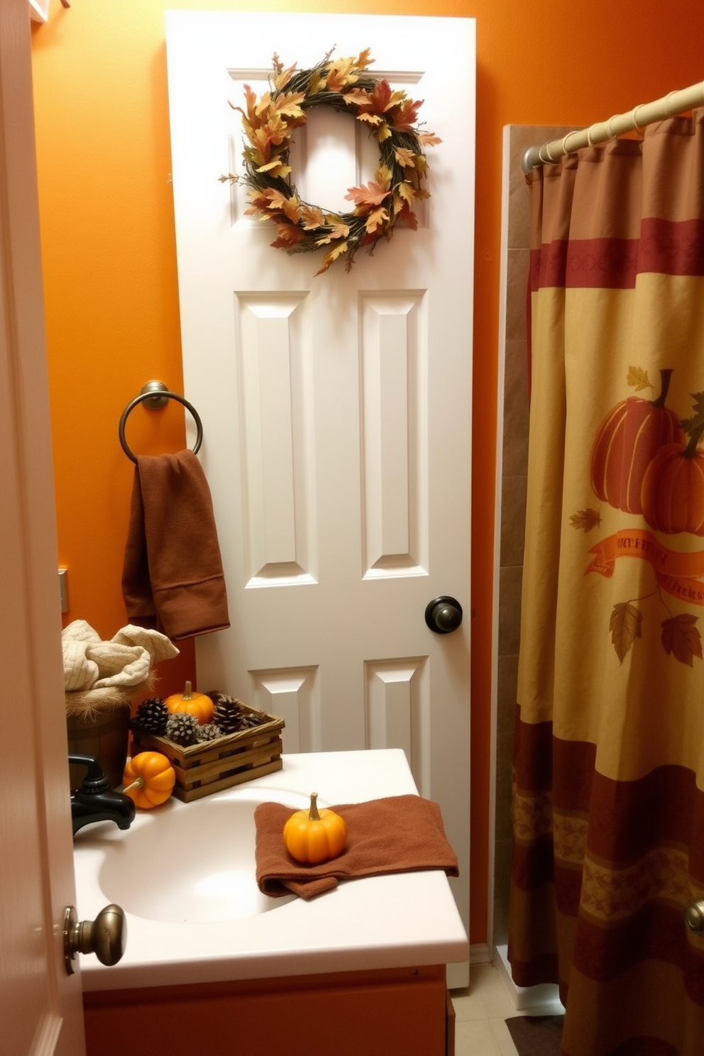 A cozy Thanksgiving-themed bathroom setting. The space features a warm color palette with deep oranges and rich browns, complemented by seasonal bath accessories like pumpkin-shaped soap dispensers and leaf-patterned towels. A decorative autumn wreath hangs on the door, while a small basket filled with pinecones and mini pumpkins sits on the countertop. The shower curtain showcases a harvest motif, and a scented candle adds a touch of warmth to the ambiance.