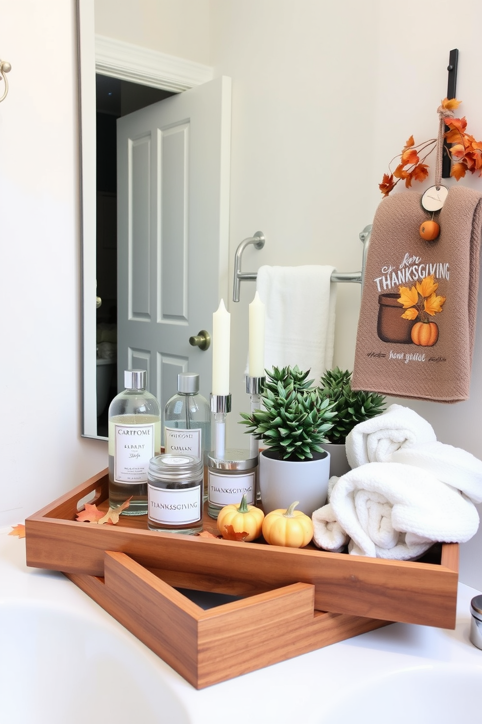 A wooden tray elegantly displays an assortment of toiletries and decorative items in a stylish bathroom setting. The tray features scented candles, a small potted plant, and a few neatly arranged towels, enhancing the overall aesthetic. For Thanksgiving, the bathroom is adorned with seasonal decorations that create a warm and inviting atmosphere. Accents like autumn leaves, small pumpkins, and a festive hand towel add a touch of holiday cheer to the space.