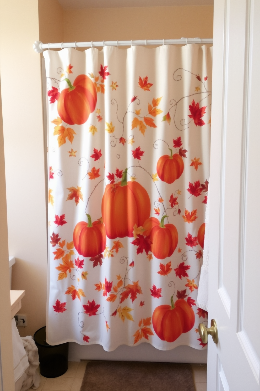 A festive shower curtain adorned with vibrant fall motifs such as pumpkins and autumn leaves hangs gracefully in the bathroom. The warm color palette complements the soft beige walls, creating a cozy atmosphere perfect for Thanksgiving celebrations.