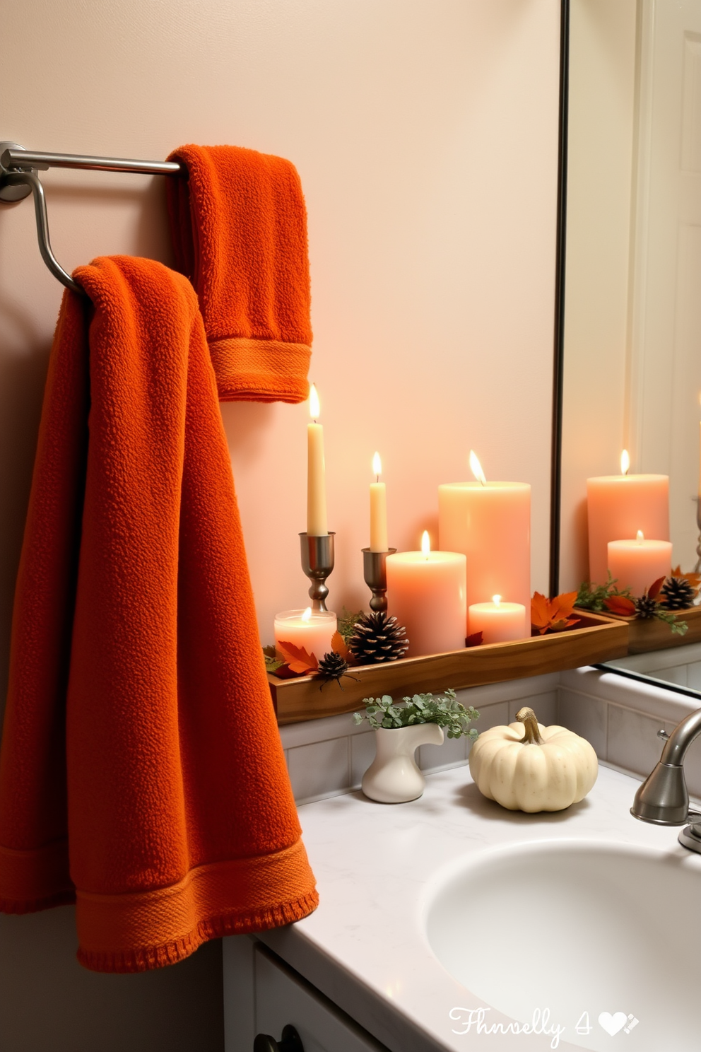 Candle arrangements with cinnamon scents create a warm and inviting atmosphere. Soft amber light flickers from a variety of candles placed on a rustic wooden tray, surrounded by autumn leaves and small pinecones. Thanksgiving bathroom decorating ideas include elegant touches that reflect the season. A plush, deep orange towel drapes over the towel rack, while a small pumpkin and a few sprigs of eucalyptus are arranged on the countertop for a festive feel.