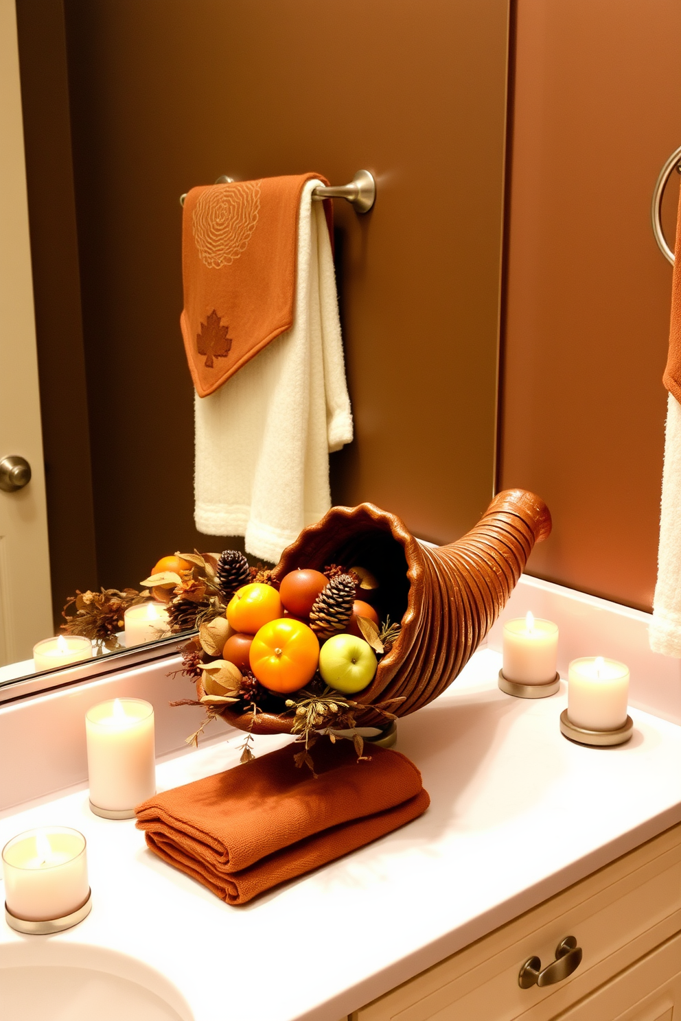 A small cornucopia centerpiece sits elegantly on the bathroom counter filled with seasonal fruits and decorative elements. Surrounding the cornucopia are soft, warm candlelight and autumn-themed towels, creating a cozy and inviting Thanksgiving atmosphere.