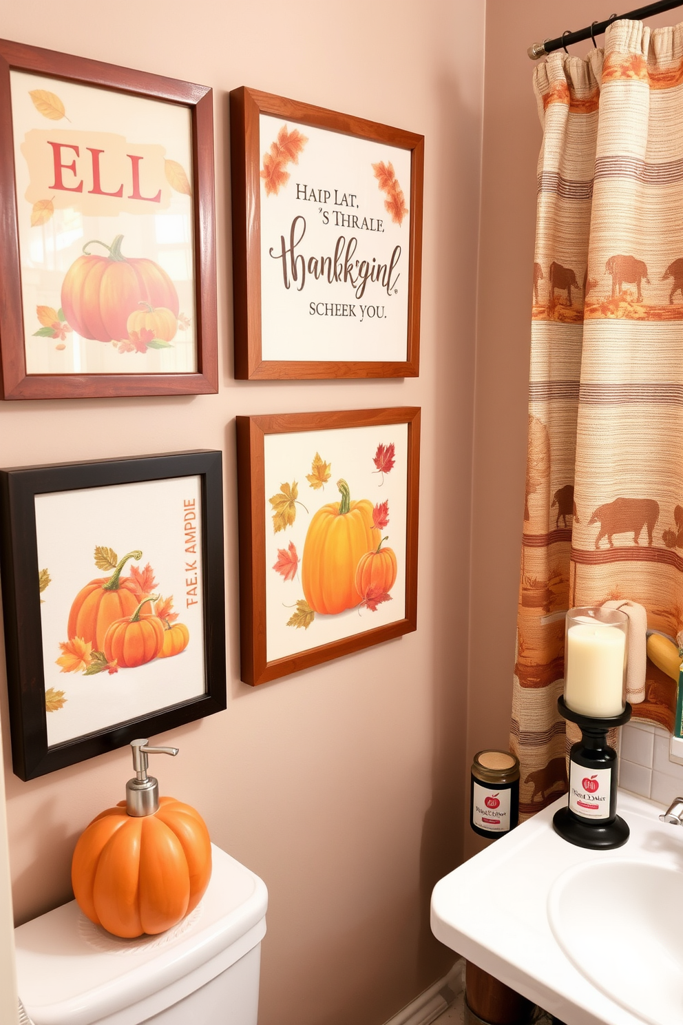 Thanksgiving themed wall art prints featuring warm autumn colors and rustic motifs. The prints include images of pumpkins, fall leaves, and harvest scenes, creating a cozy festive atmosphere. Thanksgiving bathroom decorating ideas with seasonal accents. Incorporate elements like a pumpkin soap dispenser, a fall-themed shower curtain, and scented candles in apple and cinnamon fragrances.