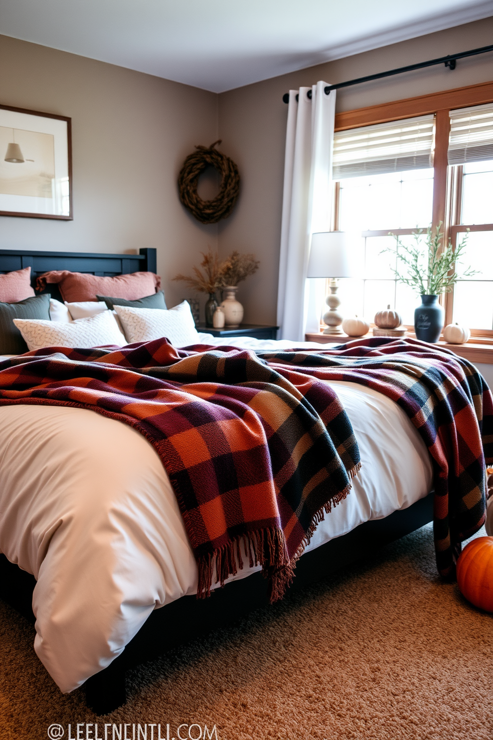 A warm and inviting bedroom adorned with cozy plaid throw blankets draped over a plush bed. Soft, ambient lighting creates a serene atmosphere, while autumn-themed decor adds a festive touch for Thanksgiving celebrations.