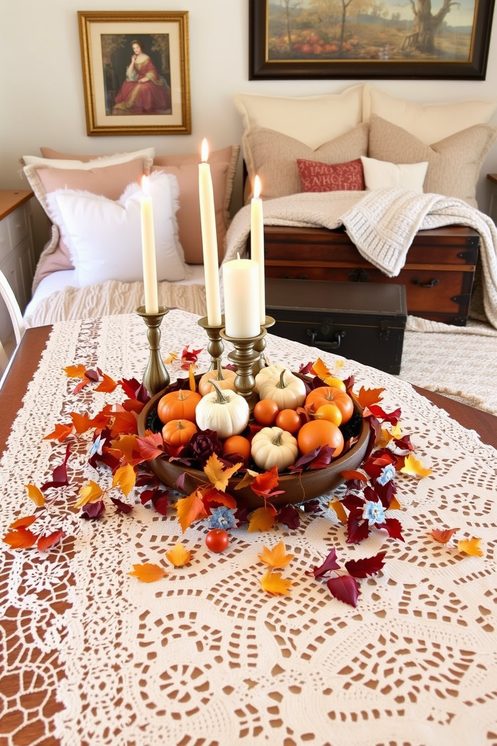 A vintage-inspired Thanksgiving table centerpiece featuring an elegant lace tablecloth adorned with autumn leaves and small pumpkins. In the center, a collection of antique candlesticks holds flickering candles, surrounded by a rustic wooden bowl filled with seasonal fruits. Thanksgiving bedroom decorating ideas that create a cozy atmosphere with warm, earthy tones and soft textures. Incorporate plush throw pillows and a knitted blanket on the bed, along with decorative accents like a vintage trunk at the foot of the bed and framed autumn-themed artwork on the walls.