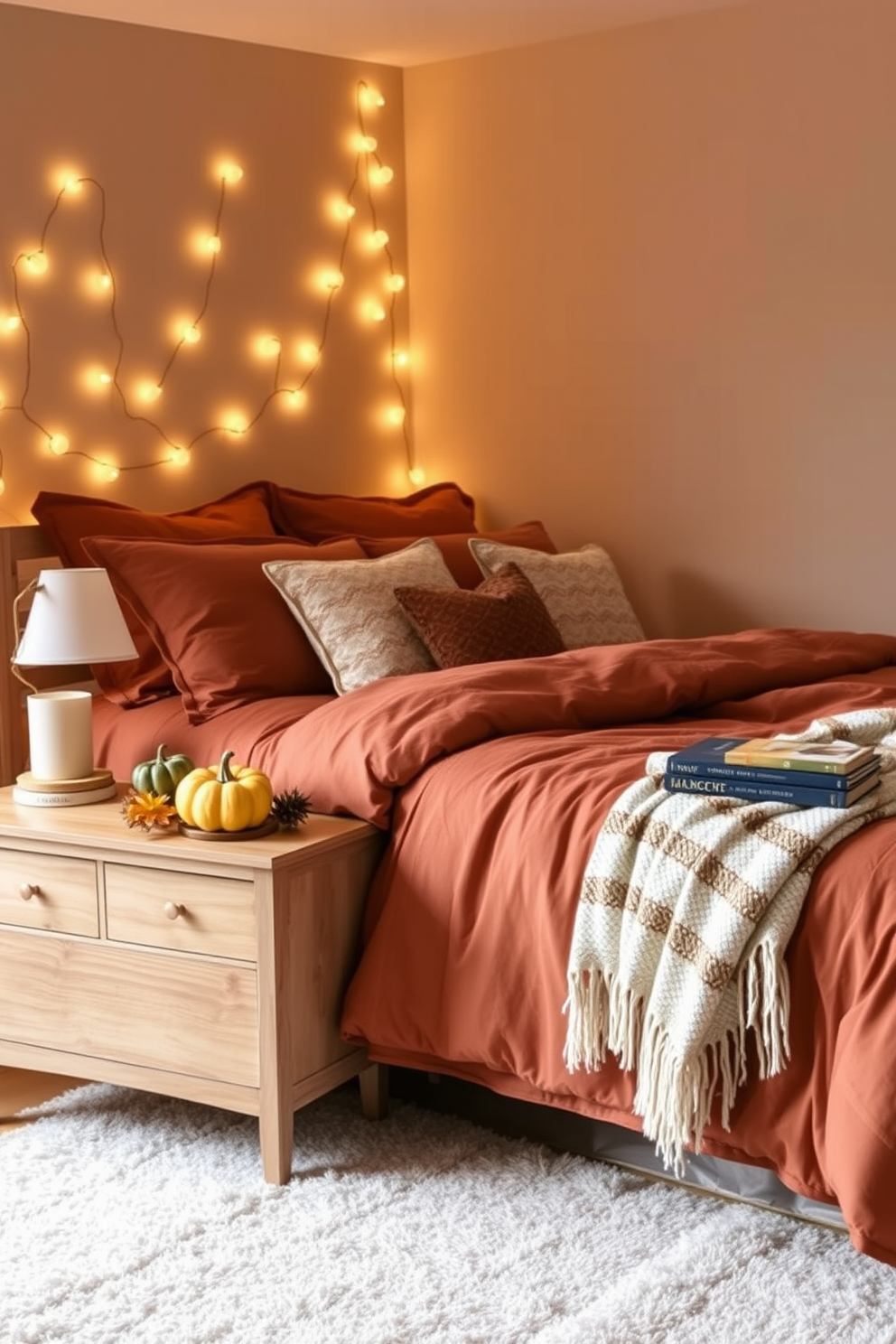 A cozy Thanksgiving bedroom adorned with soft fairy lights creating a warm glow. The bed is dressed in rich autumn-colored linens with plush pillows, and a decorative throw is draped over the edge. On the bedside table, a small pumpkin centerpiece sits beside a stack of seasonal books. The walls are painted in a warm beige tone, and a soft area rug adds comfort underfoot.