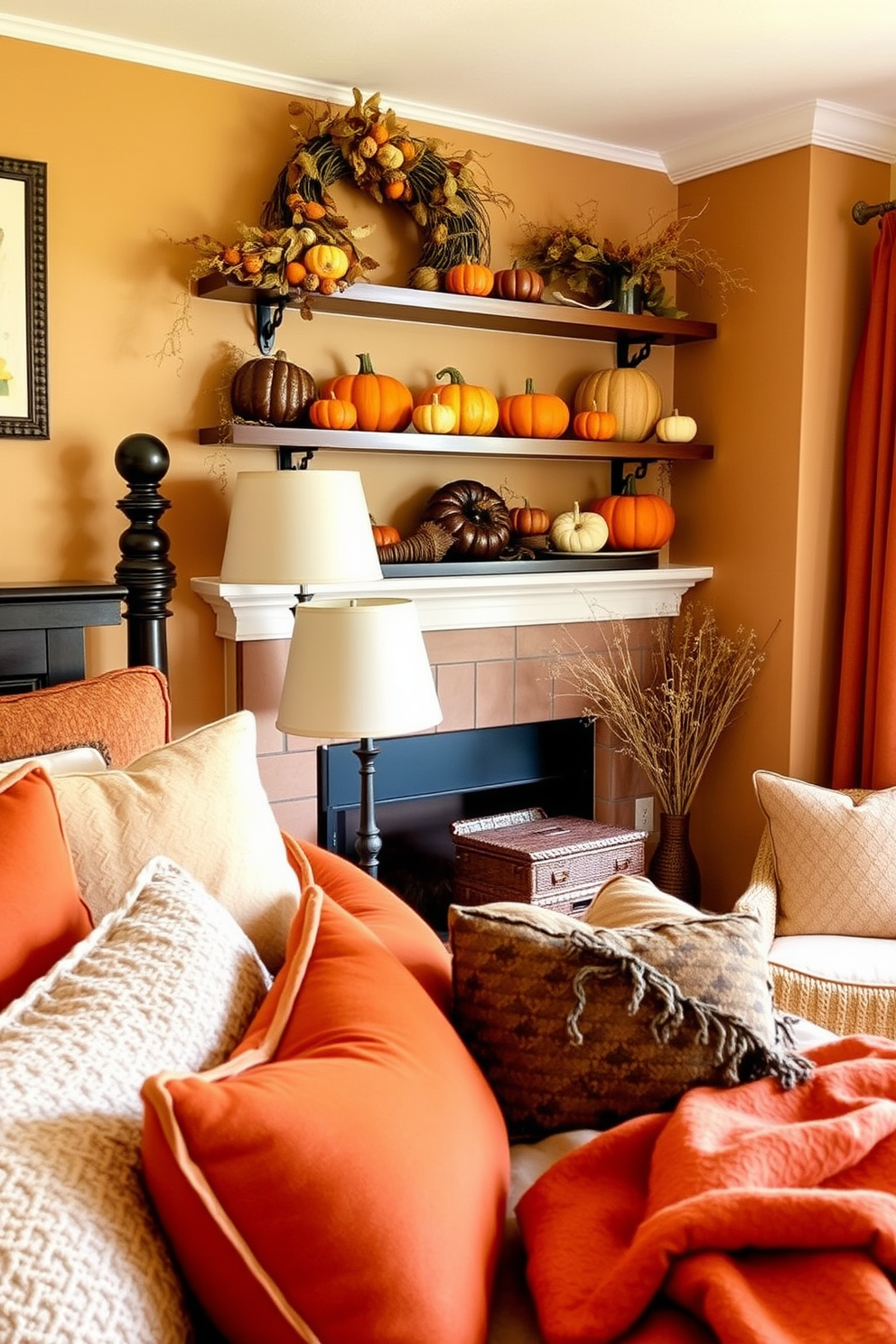 A cozy bedroom adorned with gourd and cornucopia decorations on the shelves creating a festive Thanksgiving atmosphere. The warm color palette features rich oranges and deep browns complemented by soft, textured fabrics throughout the space.