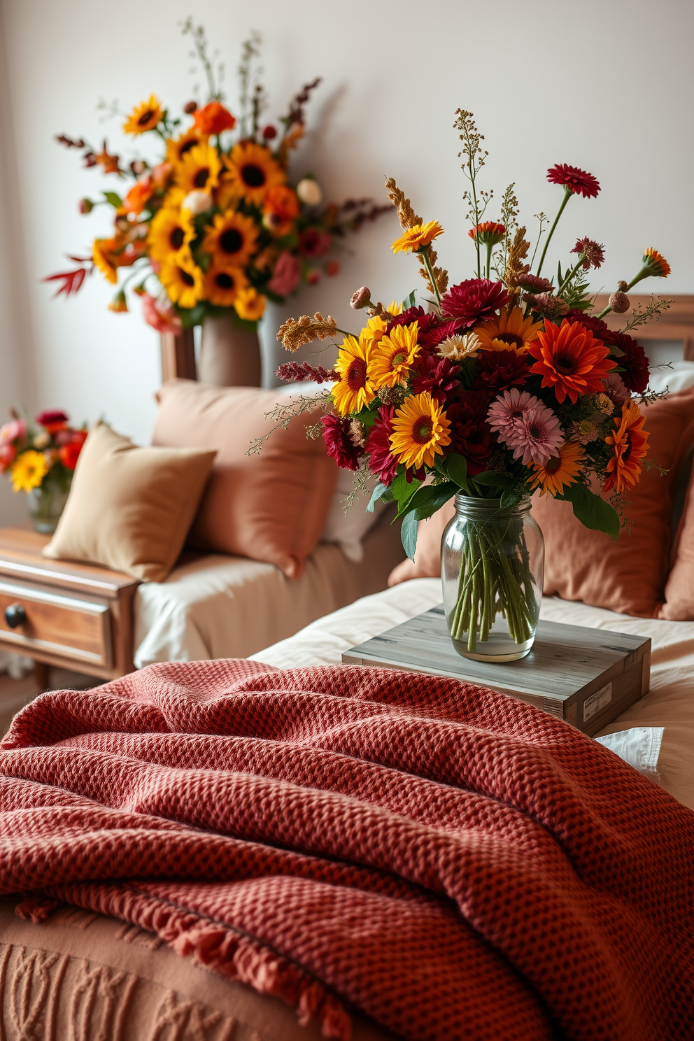 A cozy bedroom adorned with floral arrangements featuring vibrant autumn blooms. The bed is dressed in warm, earthy tones with plush pillows, while a rustic wooden nightstand holds a beautiful bouquet of sunflowers, chrysanthemums, and dahlias. Soft, ambient lighting enhances the inviting atmosphere, creating a perfect setting for relaxation. Rich, textured blankets drape over the foot of the bed, complementing the seasonal decor and adding a touch of comfort.