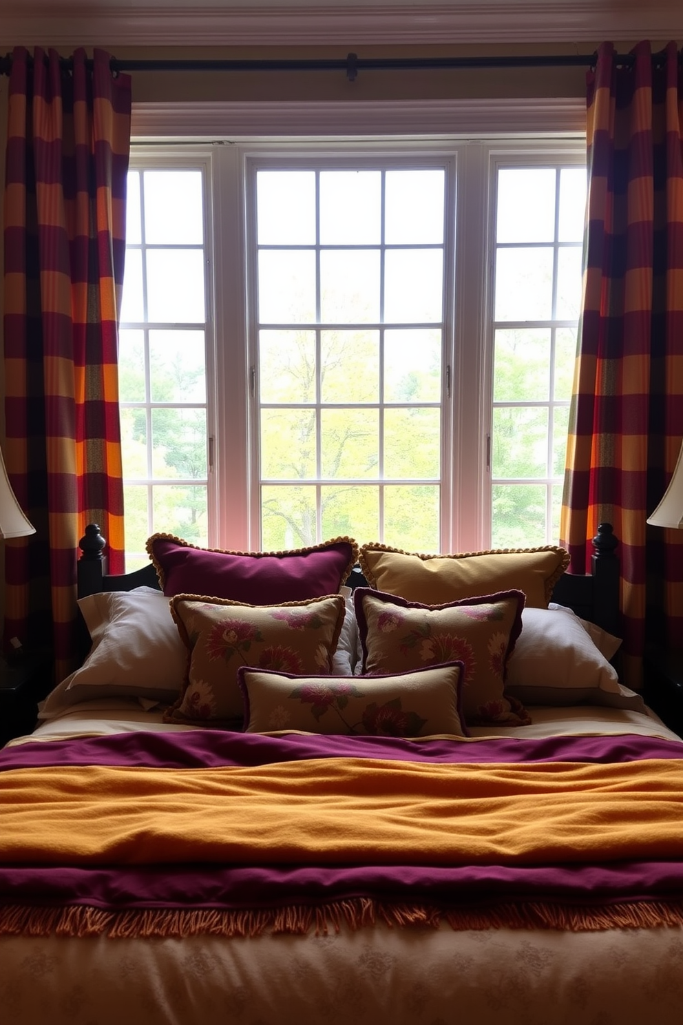 A cozy bedroom adorned with plaid curtains in warm autumn colors. The curtains frame a large window, allowing soft natural light to filter through, creating a welcoming atmosphere for Thanksgiving celebrations. A plush bed is dressed in layered bedding featuring rich tones of burgundy and mustard. Decorative pillows with fall-themed patterns add a touch of seasonal charm, inviting relaxation and comfort.