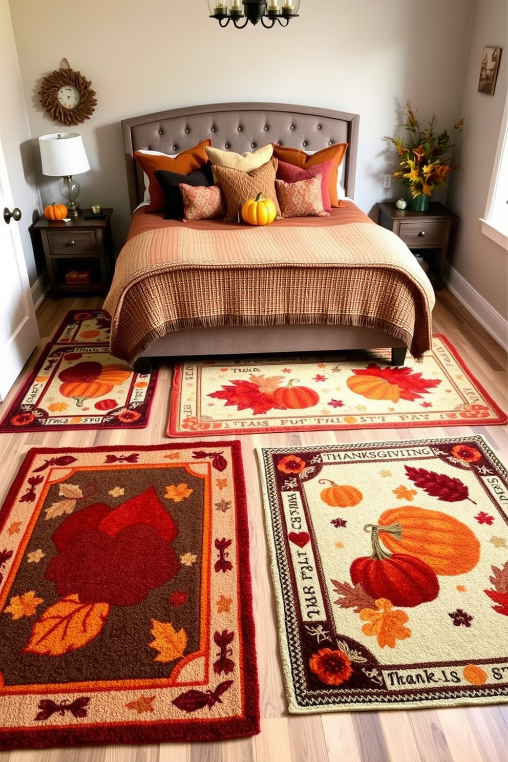 A cozy bedroom adorned with Thanksgiving-themed throw rugs underfoot. The rugs feature warm autumn colors and festive patterns, adding a seasonal touch to the space. The bed is dressed in rich, earthy tones with plush pillows and a knitted throw. Decorative accents like pumpkins and fall foliage complete the inviting atmosphere.