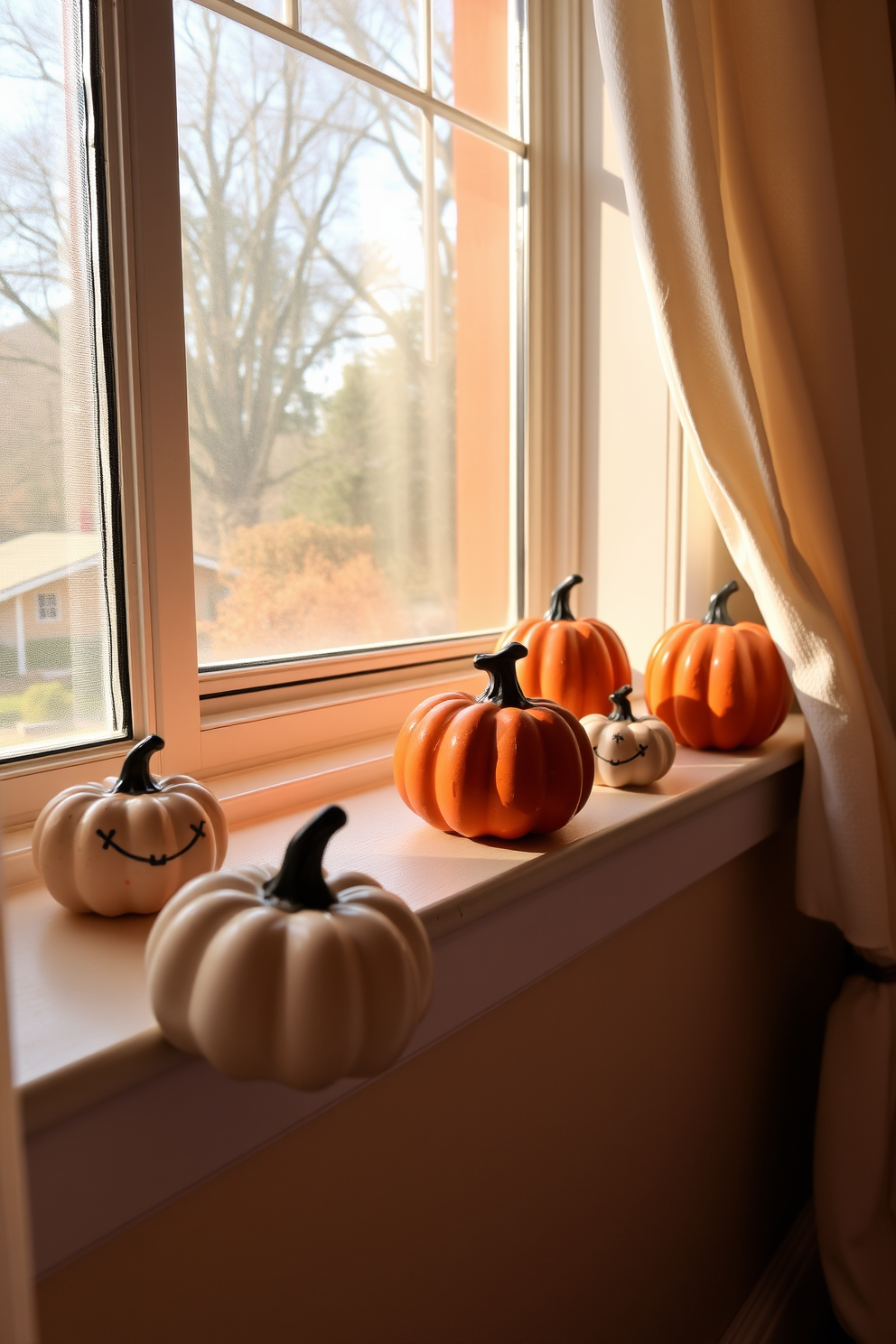 Charming ceramic pumpkins are arranged on a sunny windowsill, adding a festive touch to the cozy bedroom. Soft, warm lighting filters through the window, highlighting the intricate designs of the pumpkins and creating an inviting atmosphere.