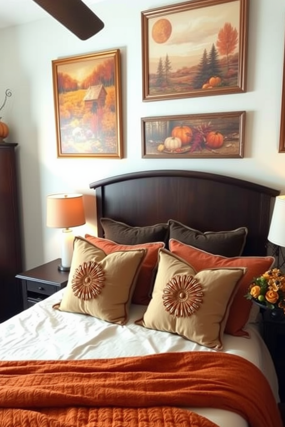 A cozy bedroom adorned with autumn-themed wall art featuring warm hues of orange, gold, and deep red. The prints showcase rustic landscapes and seasonal motifs, creating a welcoming atmosphere perfect for Thanksgiving. Plush bedding in earthy tones complements the decor, with decorative pillows that echo the autumn palette. A small side table holds a candle and a seasonal centerpiece, enhancing the inviting ambiance of the room.