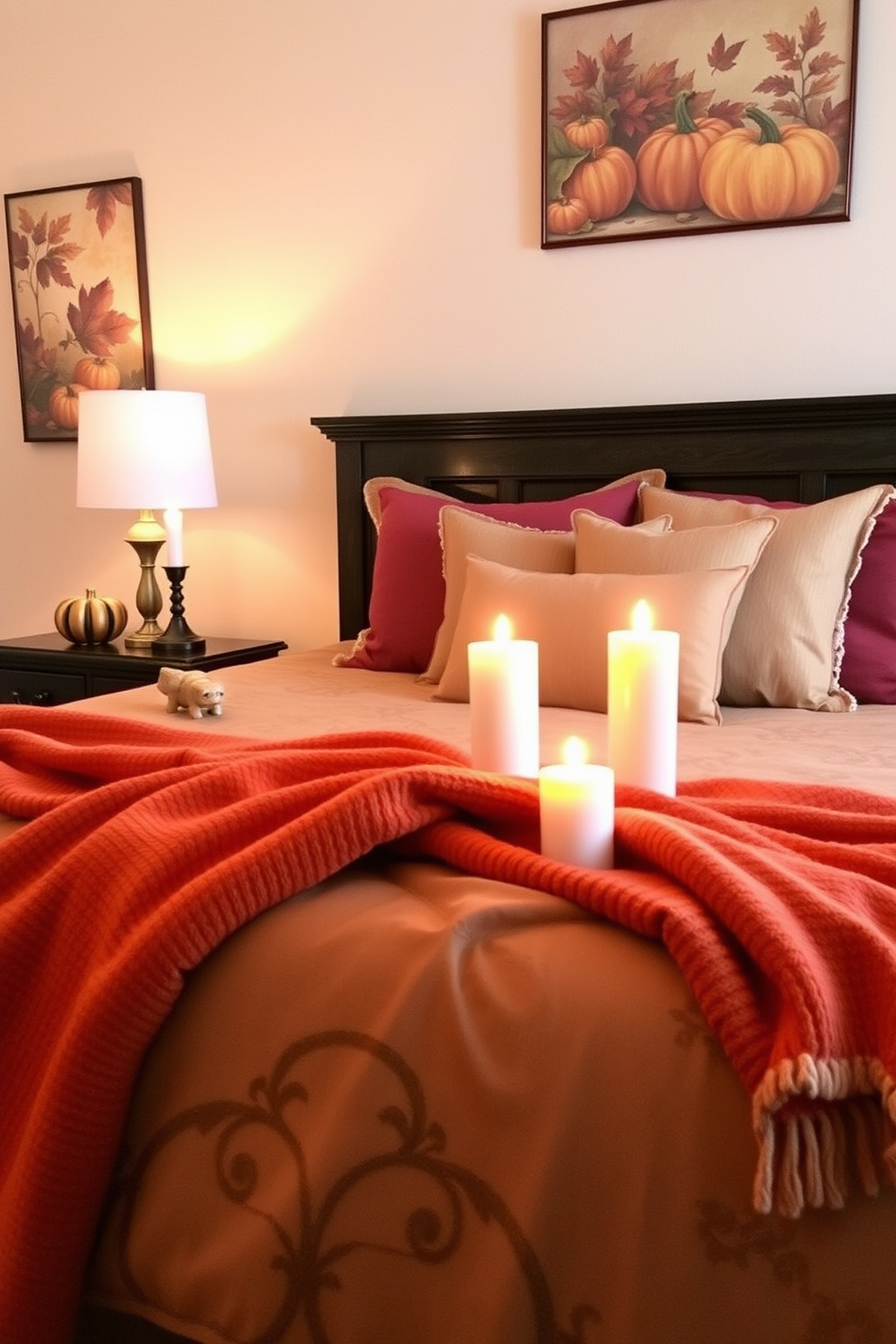 Candle holders with autumn motifs are placed on the nightstands flanking the bed. The warm glow of the candles creates a cozy atmosphere, enhancing the rich, earthy colors of the bedding and decor. The walls are adorned with seasonal artwork featuring fall leaves and pumpkins. Soft throw blankets in shades of orange and gold are draped over the bed, adding to the inviting ambiance of the Thanksgiving-themed bedroom.