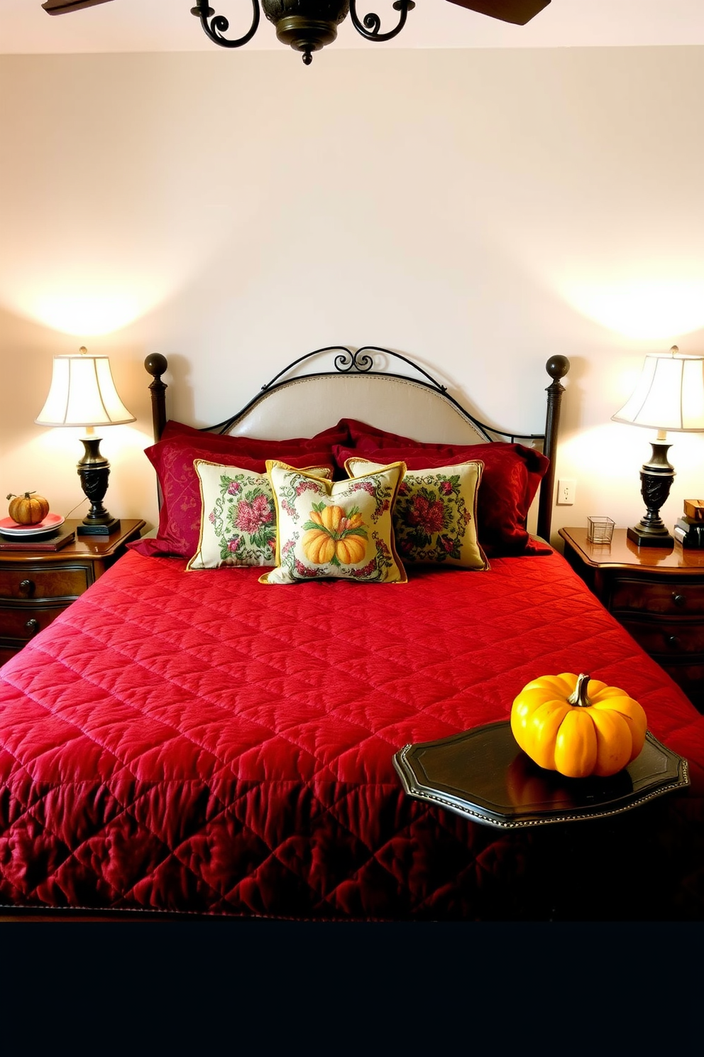 A cozy bedroom adorned with a quilted bedspread in rich jewel tones creates a warm and inviting atmosphere. The bed is framed by elegant nightstands, each topped with stylish lamps that cast a soft glow. Autumn-inspired decorations enhance the Thanksgiving theme, with decorative pillows featuring seasonal motifs arranged on the bed. A tasteful arrangement of pumpkins and gourds is placed on the dresser, complementing the rich colors of the bedding.