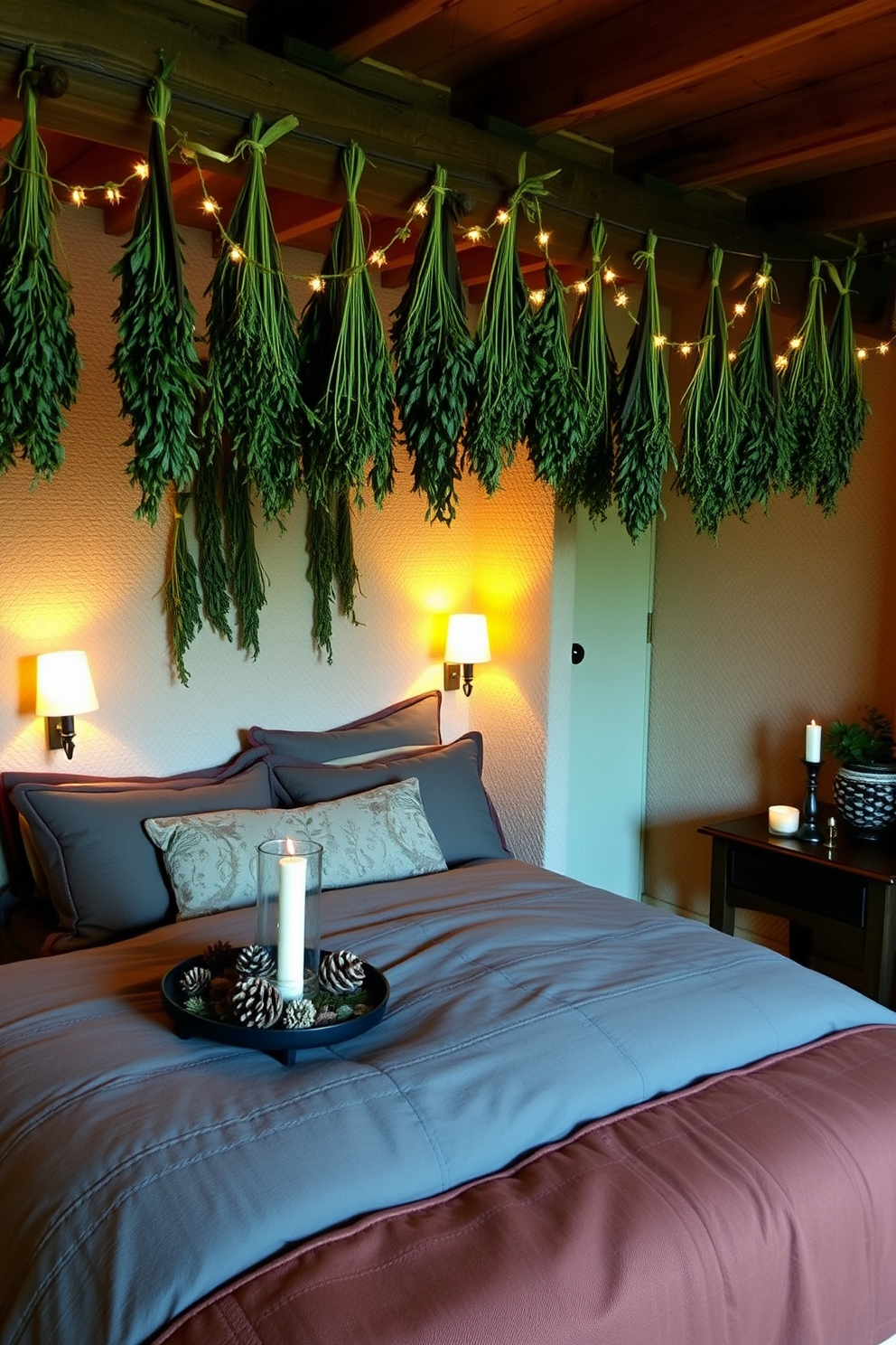 A cozy bedroom adorned with hanging dried herbs that add a rustic charm. Soft, warm lighting enhances the earthy tones of the wooden beams and the textured walls. The bed is dressed in rich, layered linens with autumnal colors, complemented by decorative pillows. A small side table holds a seasonal centerpiece featuring pinecones and candles, creating a welcoming atmosphere.