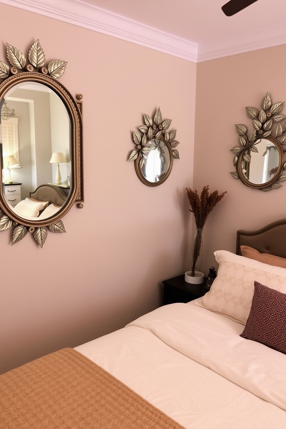 A cozy bedroom adorned with decorative wall mirrors featuring intricate leaf designs. The mirrors reflect soft, ambient lighting that creates a warm and inviting atmosphere for Thanksgiving festivities.