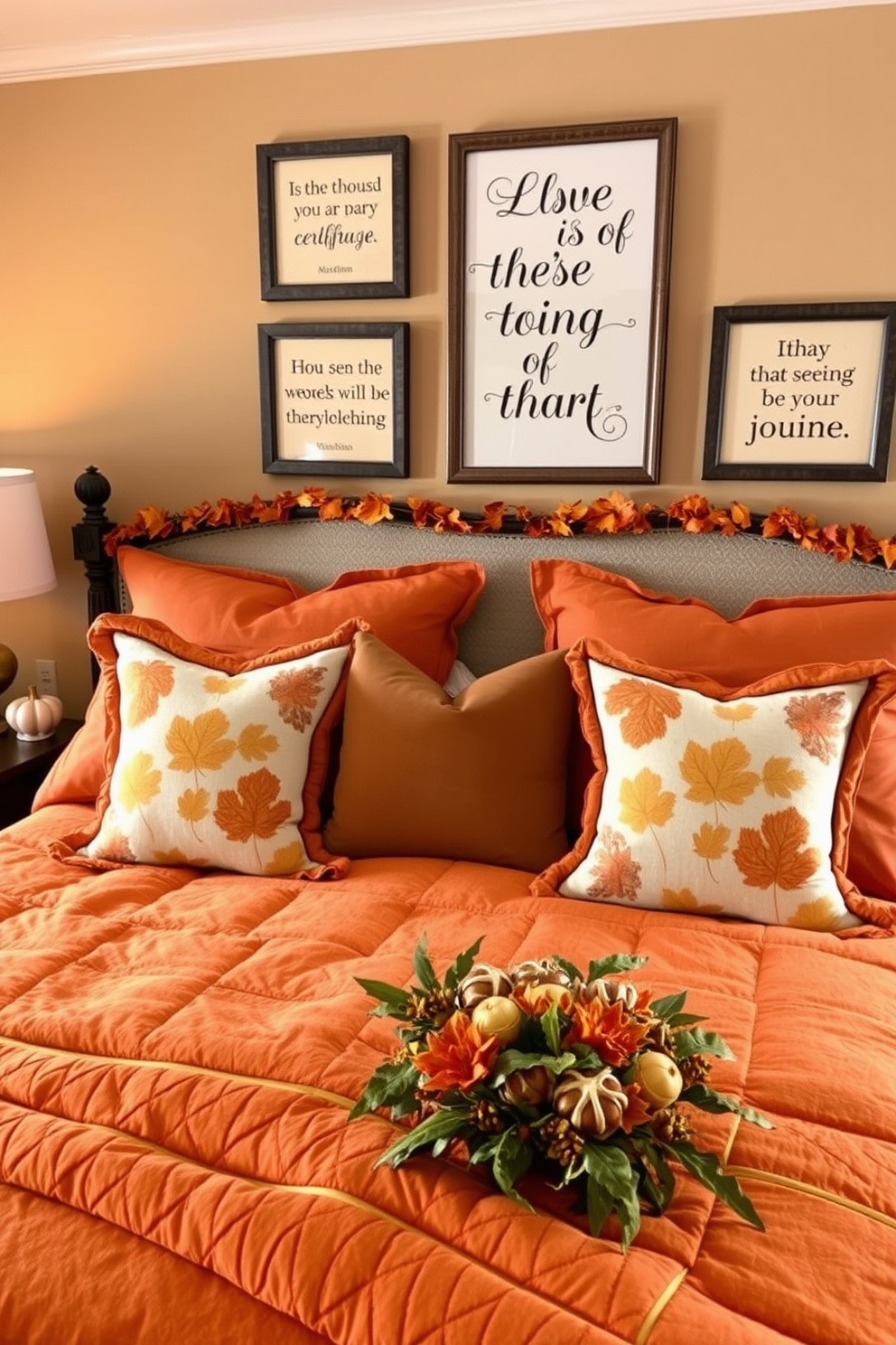 A cozy bedroom decorated for Thanksgiving features warm autumn colors and seasonal quotes framed on the walls. Plush bedding in rich shades of orange and gold complements decorative pillows with leaf patterns, creating a welcoming atmosphere.