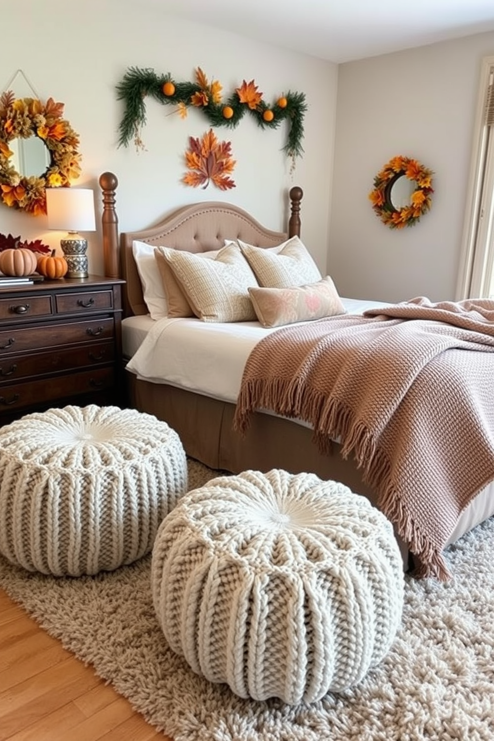 A cozy bedroom featuring knitted poufs that provide additional seating options. The poufs are placed near a plush area rug, adding texture and warmth to the space. Thanksgiving decorations adorn the room with autumnal hues. A beautifully set bed showcases seasonal pillows and a soft throw, creating an inviting atmosphere.