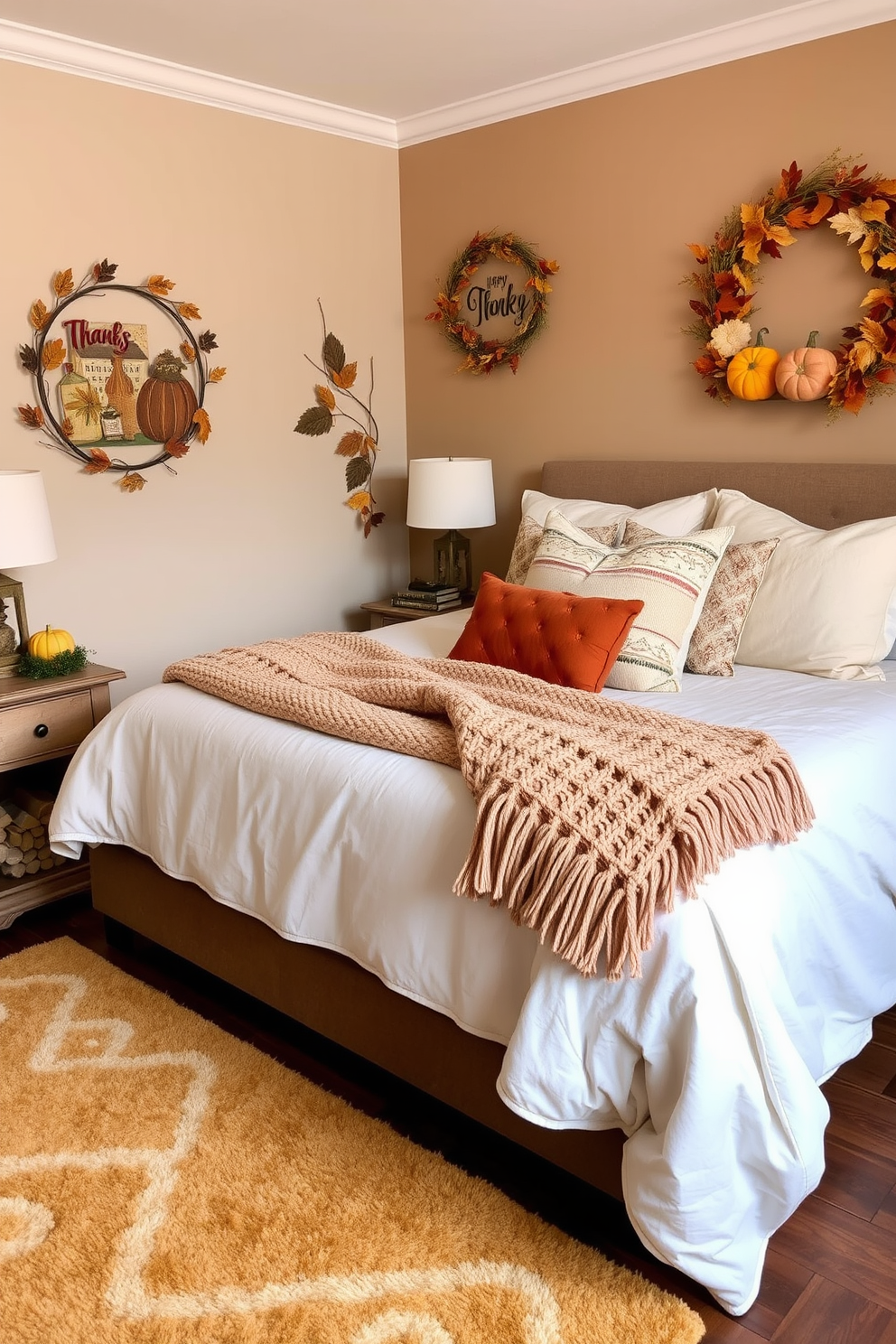 A cozy bedroom setting featuring a soft area rug in warm colors that adds a touch of comfort to the space. The bed is adorned with plush pillows and a chunky knit throw, creating an inviting atmosphere perfect for relaxation. On the walls, seasonal decorations reflect a Thanksgiving theme, with tasteful accents like autumn leaves and pumpkins. The warm color palette enhances the overall ambiance, making it a perfect retreat for the holiday season.