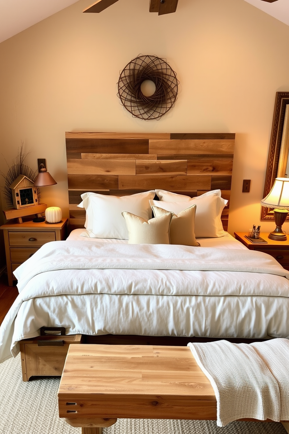 A cozy bedroom adorned with natural wood elements creates a warm and inviting atmosphere. The bed features a reclaimed wood headboard paired with soft, neutral bedding that complements the rustic aesthetic. Decorative wooden accents, such as a handcrafted nightstand and a vintage wooden bench at the foot of the bed, enhance the room's charm. Warm, ambient lighting from wooden lamps adds a touch of elegance, perfect for Thanksgiving celebrations.