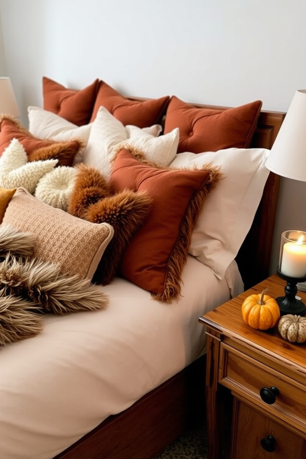 A cozy Thanksgiving bedroom setting filled with layered textures. The bed is adorned with a plush faux fur throw and an array of decorative pillows in warm autumn hues. Soft, ambient lighting creates a welcoming atmosphere. A rustic wooden nightstand holds a small pumpkin centerpiece and a scented candle, enhancing the seasonal charm.