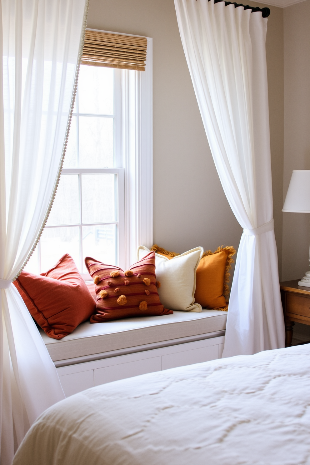 A cozy bedroom featuring a cushioned window seat adorned with seasonal pillows in warm autumn colors. The window seat is framed by sheer curtains that allow soft natural light to illuminate the space, creating a welcoming atmosphere for Thanksgiving.