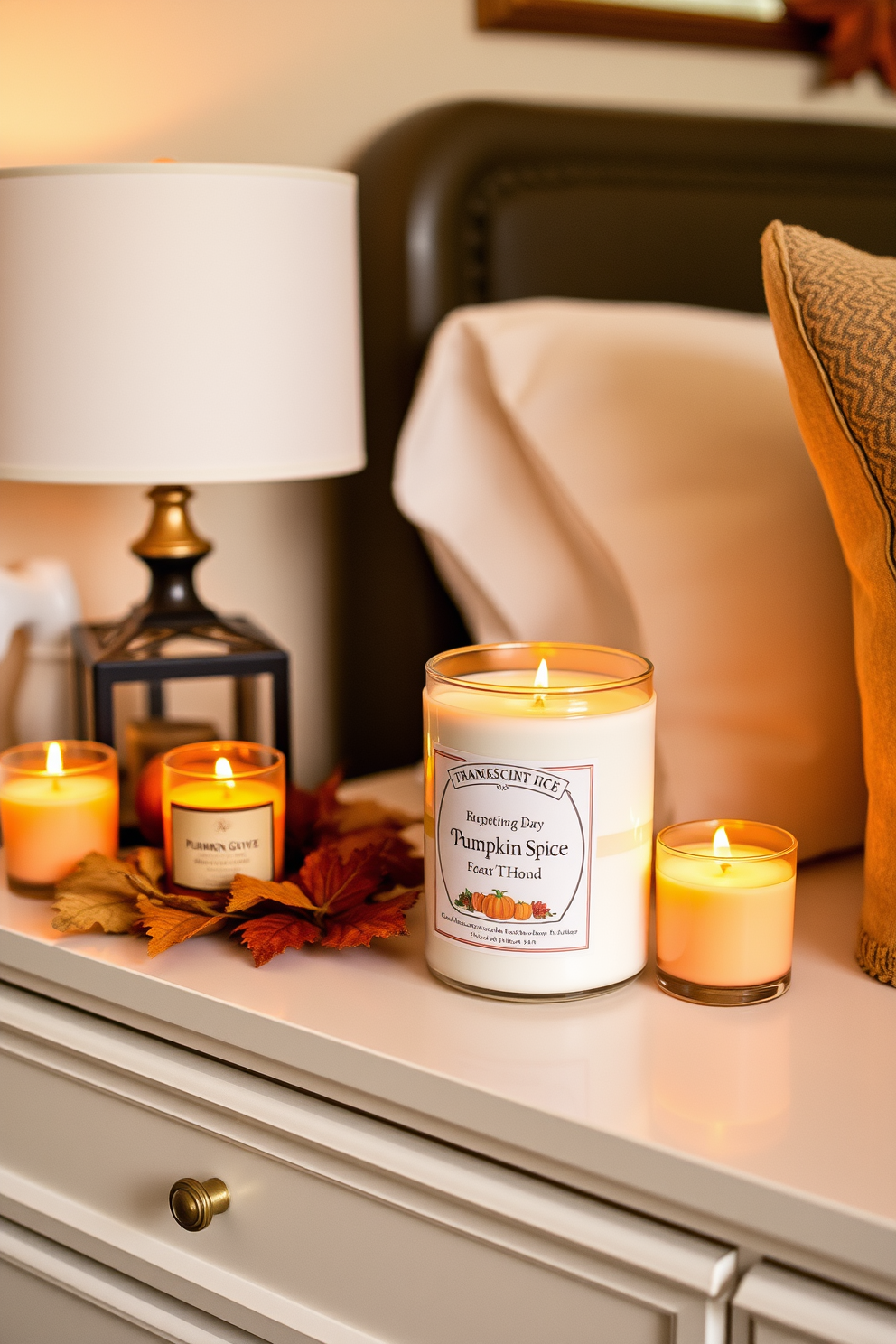 A cozy bedroom ambiance featuring a nightstand adorned with pumpkin spice scented candles. The warm glow of the candles complements the autumn-themed decor, creating a festive Thanksgiving atmosphere.