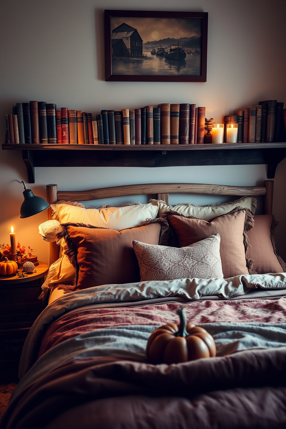 A cozy bedroom setting adorned with vintage books stacked on a rustic wooden shelf. Soft, warm lighting creates an inviting atmosphere, enhancing the charm of the decor. The bed is dressed in autumn-themed linens with earthy tones and plush throw pillows. A small decorative table beside the bed holds a pumpkin and a scented candle, completing the Thanksgiving theme.