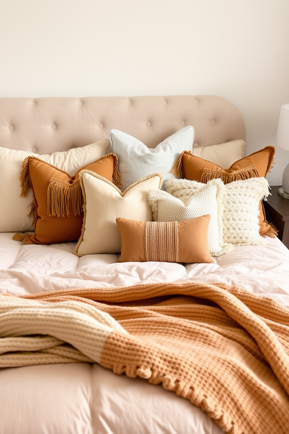 Create a cozy Thanksgiving bedroom setting featuring warm-toned decorative pillows in various textures and patterns. The bed is adorned with a plush, oversized comforter, and a soft throw blanket is casually draped across the foot of the bed.