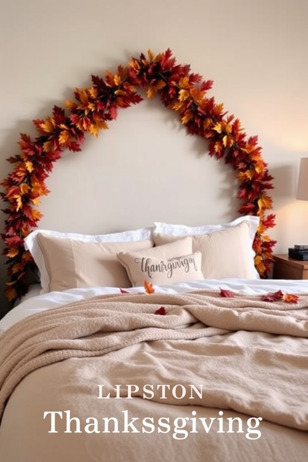 A cozy bedroom adorned with a fall foliage garland elegantly draped over a plush headboard. The warm tones of red, orange, and yellow leaves complement the soft, neutral bedding and create a festive atmosphere for Thanksgiving.