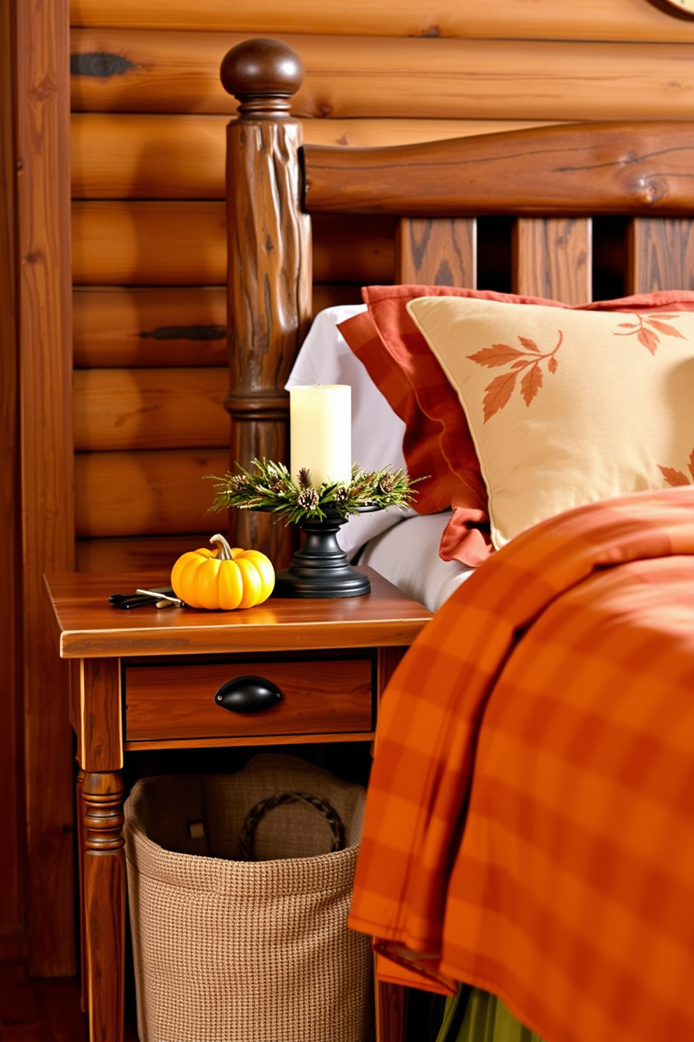 A rustic wooden bedside table stands beside a cozy bed adorned with warm, autumn-themed bedding. Above the table, a small pumpkin and a decorative candle create a welcoming atmosphere for Thanksgiving.