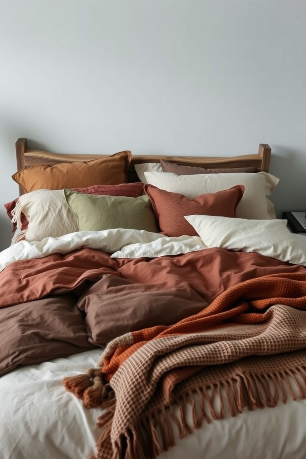 A cozy bedroom adorned with layered bedding in earthy colors. The bed features a mix of soft browns, deep greens, and warm terracotta tones, creating a tranquil atmosphere. Accent pillows in various textures add depth and comfort. A rustic wooden headboard complements the natural palette, while a woven throw blanket drapes elegantly over the foot of the bed.