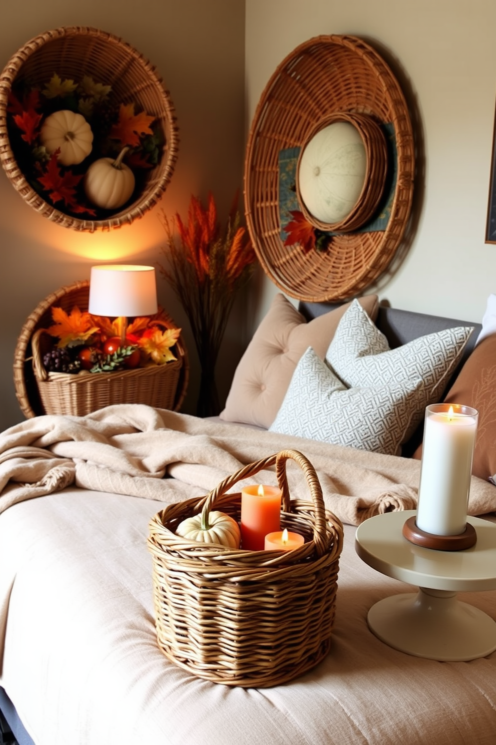 Create a cozy bedroom adorned with woven baskets for seasonal decor storage. The room features a warm color palette with soft lighting, highlighting the baskets filled with autumn leaves and decorative pumpkins. Incorporate a plush bed dressed in earthy tones, complemented by cozy throw blankets and pillows. A bedside table holds a small woven basket filled with seasonal candles, enhancing the inviting atmosphere of the space.