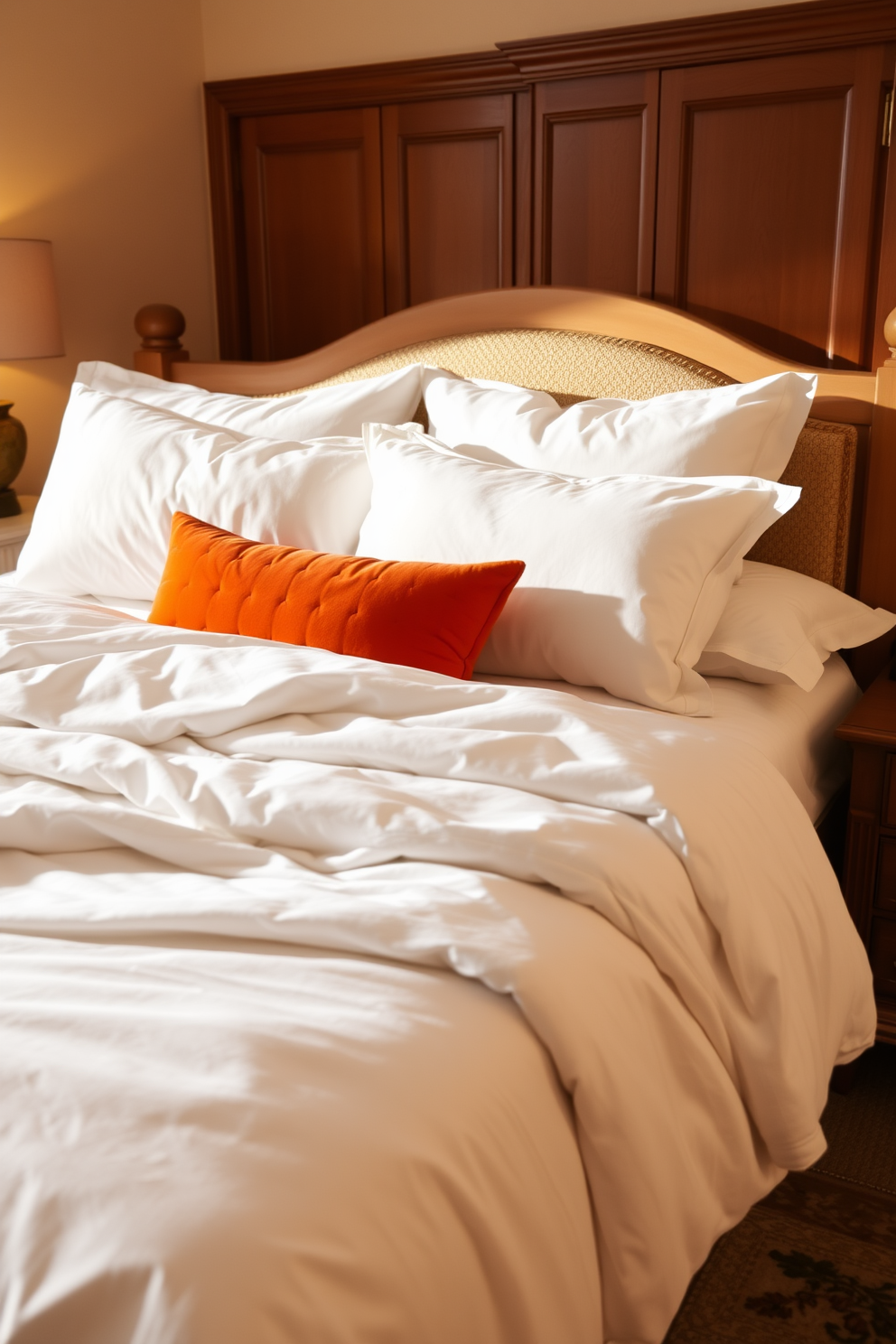 Crisp white sheets are elegantly layered on a plush bed adorned with vibrant orange accent pillows. The room features warm wooden furniture and soft golden lighting, creating a cozy and inviting atmosphere for Thanksgiving.