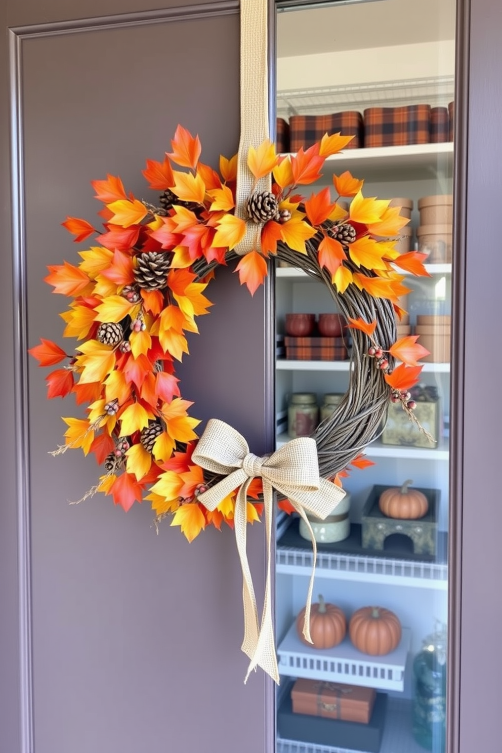 Cozy autumn wreath on the door featuring vibrant orange and yellow leaves intertwined with small pinecones and berries. The wreath is adorned with a rustic burlap bow, welcoming guests with a warm seasonal touch. Thanksgiving closet decorated with rich earthy tones and elegant accents. Shelves are lined with decorative boxes in plaid patterns, and a small pumpkin display adds a festive charm to the space.