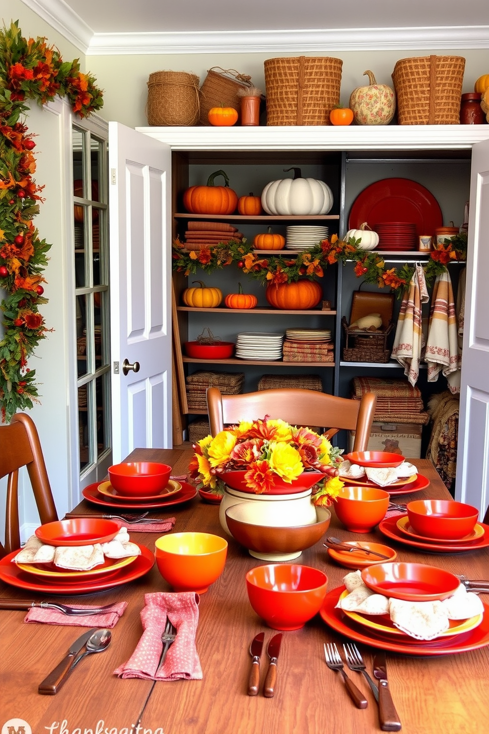 Colorful tableware for festive meals. A vibrant array of plates, bowls, and utensils in rich autumn hues of orange, red, and gold is beautifully arranged on a rustic wooden dining table. Thanksgiving closet decorating ideas. The closet features neatly organized shelves adorned with seasonal decorations, including pumpkins, garlands, and themed table linens, creating a warm and inviting atmosphere.