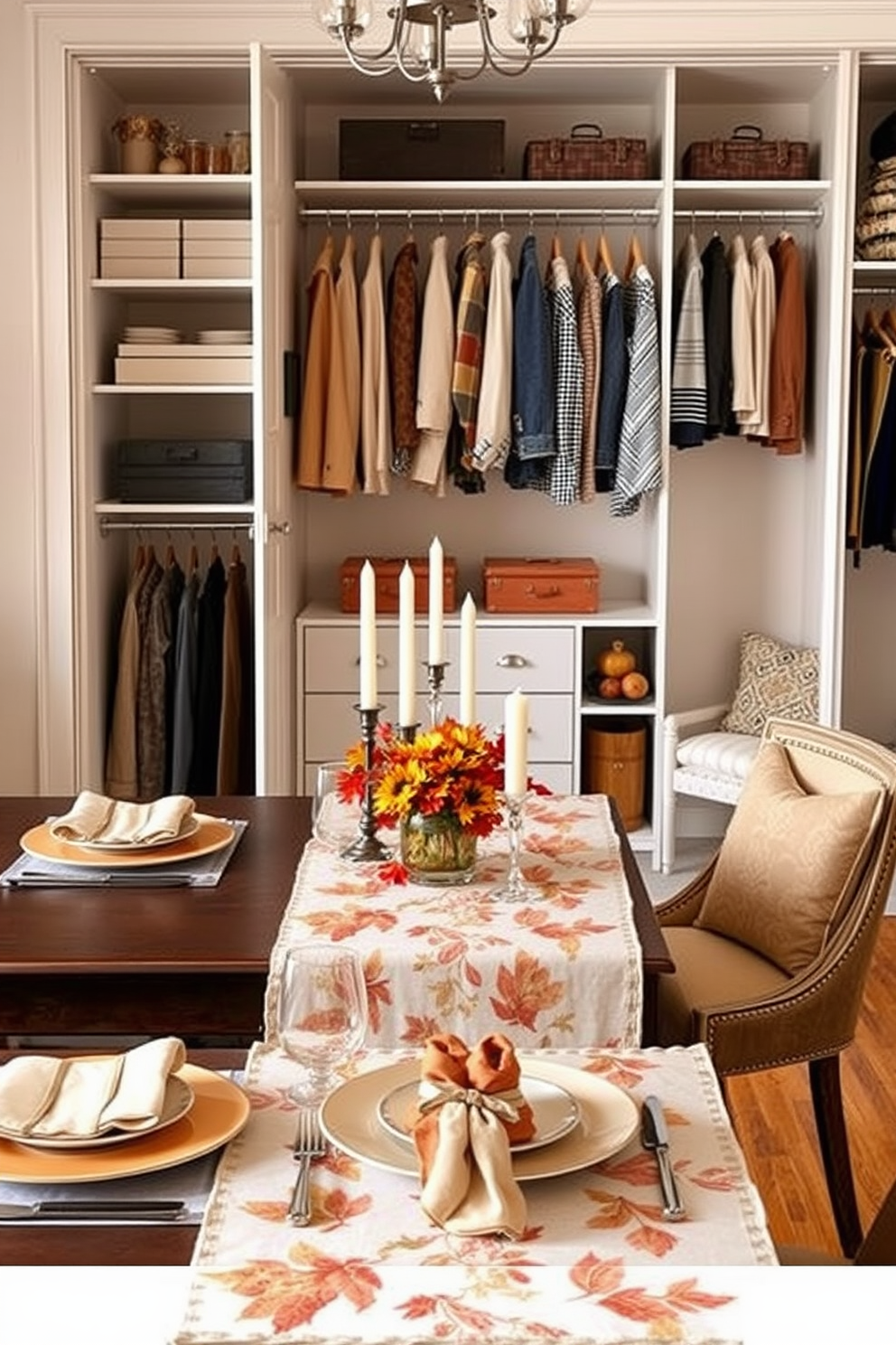 A beautifully set dining table adorned with seasonal tablecloths that can be easily changed for different occasions. The table features elegant dinnerware, centerpieces of autumn leaves, and candles, creating a warm and inviting atmosphere for Thanksgiving. A well-organized closet that maximizes space while showcasing stylish storage solutions. The closet includes seasonal clothing neatly arranged, decorative boxes for accessories, and a cozy reading nook with a small chair and a bookshelf.