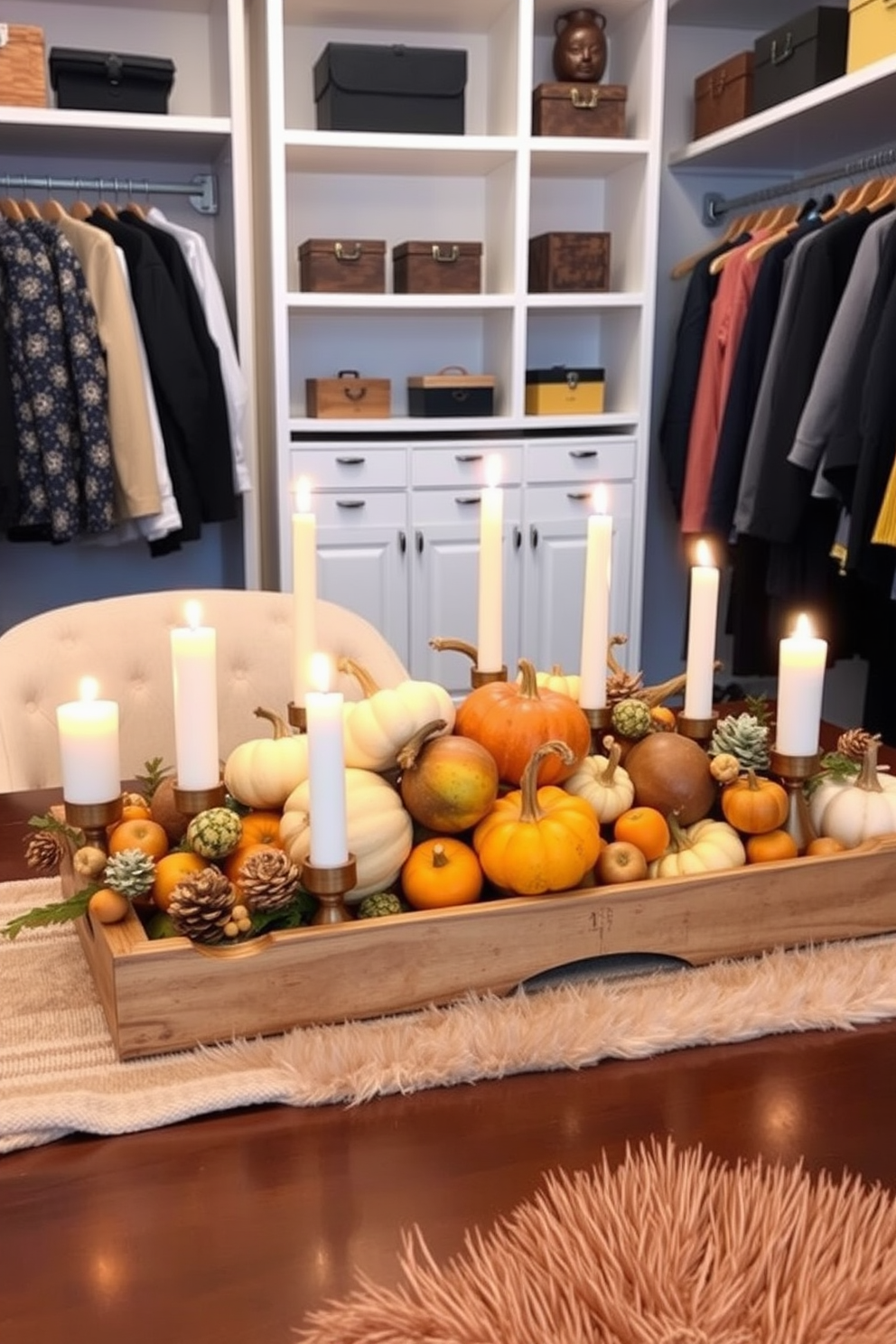 A harvest-themed centerpiece for a Thanksgiving table features a rustic wooden tray filled with an array of seasonal fruits and vegetables such as pumpkins, gourds, and apples. Surrounding the tray are flickering candles in varying heights, adding warmth and a cozy ambiance to the dining experience. For closet decorating ideas, envision a stylish walk-in closet with custom shelving and hanging space, showcasing a well-organized collection of clothing and accessories. Soft lighting illuminates the space, highlighting decorative boxes and a plush area rug that adds a touch of luxury and comfort.