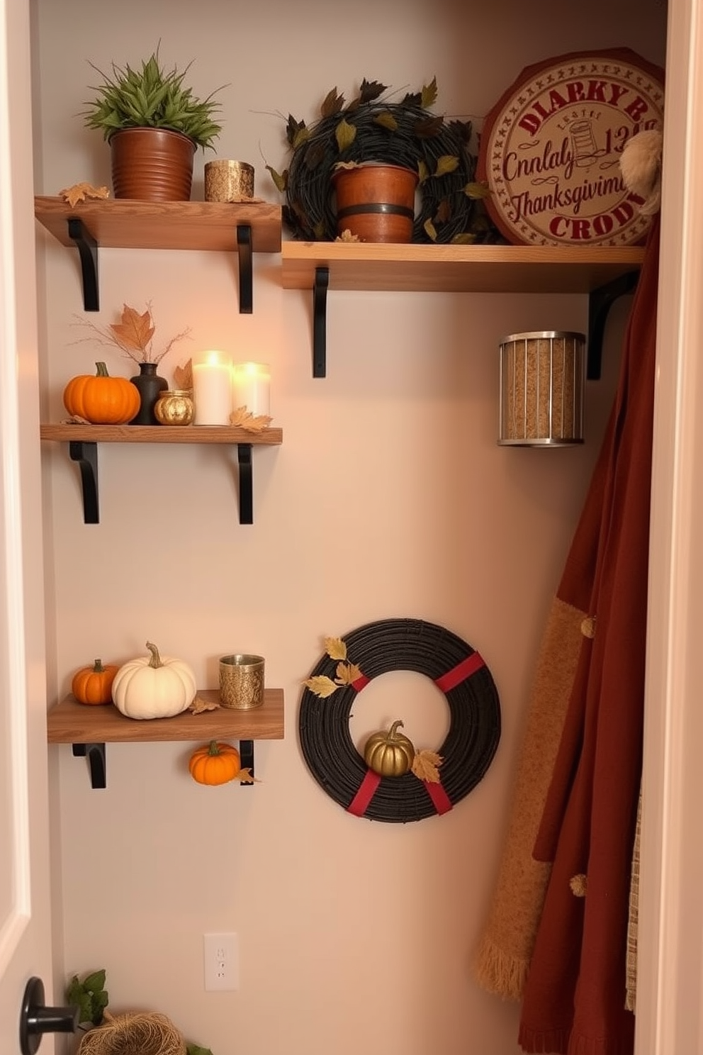 A cozy Thanksgiving closet decorated with wall-mounted shelves displaying seasonal decor. The shelves are adorned with small pumpkins, autumn leaves, and candles, creating a warm and inviting atmosphere.