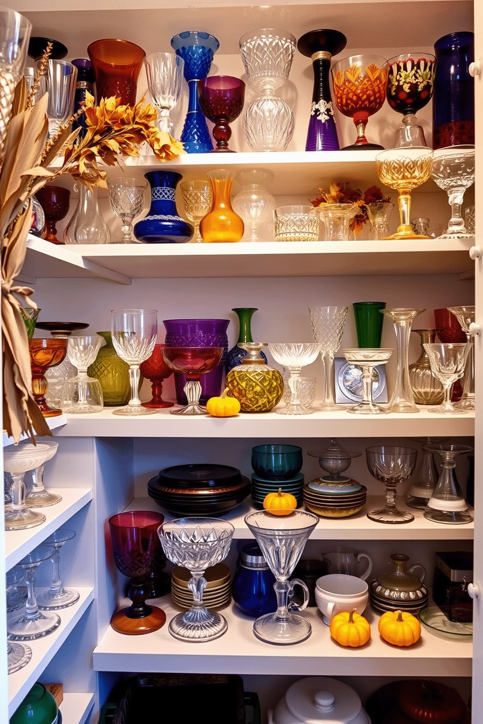 Create a cozy Thanksgiving closet filled with vintage glassware that evokes a sense of nostalgia. The shelves are lined with an assortment of colorful glass vases and goblets, each telling a story of family gatherings and cherished memories. Incorporate warm autumn tones with decorative elements like dried leaves and small pumpkins. Soft lighting enhances the charm, casting gentle reflections on the glassware, creating a welcoming atmosphere for the holiday season.