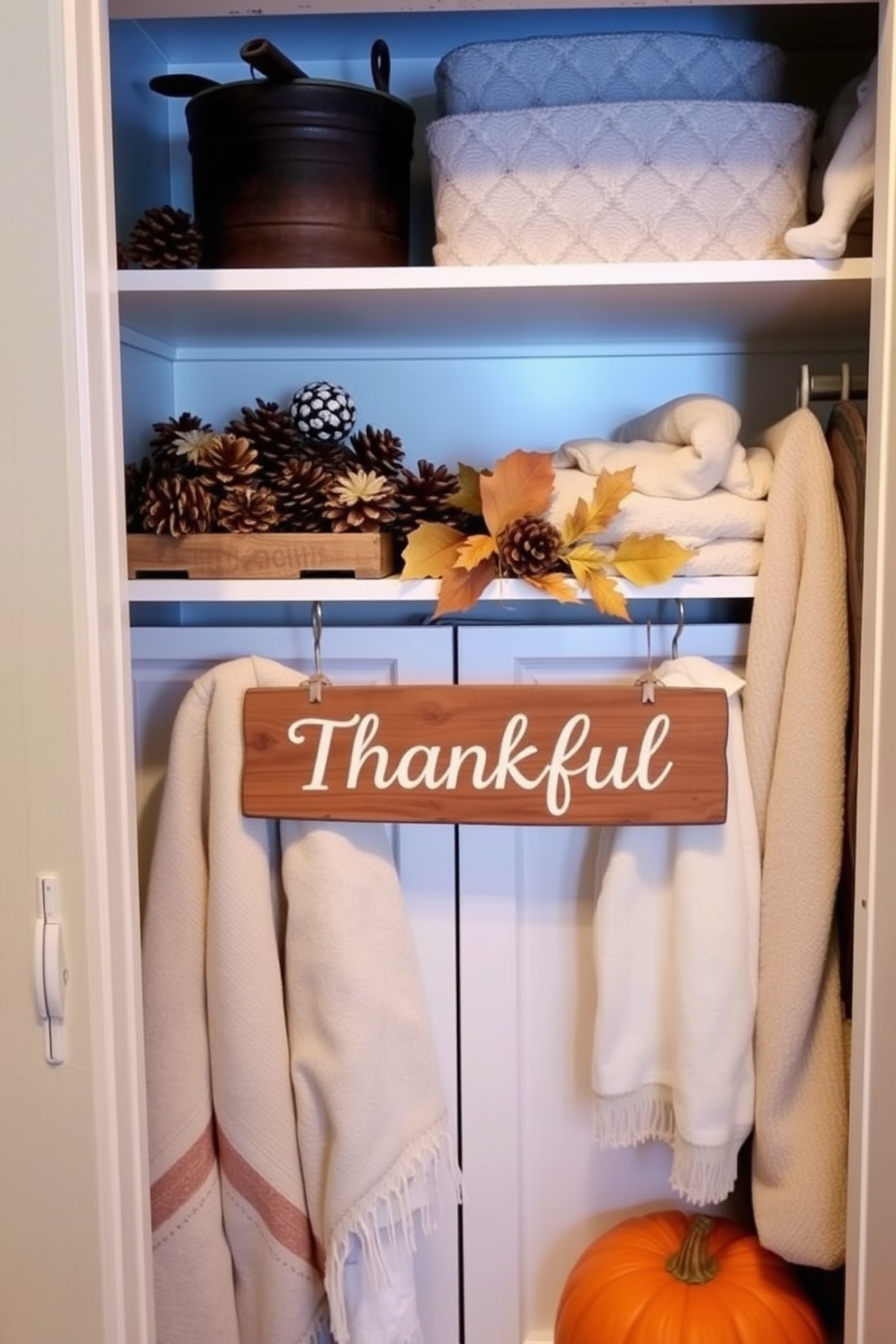 A cozy Thanksgiving closet decorated with natural elements. Pinecones and leaves are artfully arranged on the shelves, creating a warm and inviting atmosphere. Soft, neutral fabrics drape over the closet doors, adding texture and warmth. A rustic wooden sign that reads 