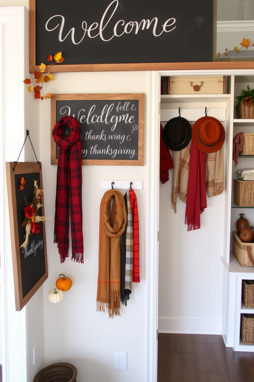 A chalkboard is mounted on the wall near the entrance, featuring a warm welcome message in elegant handwriting. Surrounding the chalkboard are seasonal decorations that evoke the spirit of Thanksgiving, including small pumpkins and autumn leaves. The closet is styled with rich fall colors, showcasing neatly arranged scarves and hats. Decorative elements such as wooden crates and woven baskets add a cozy touch to the overall design.