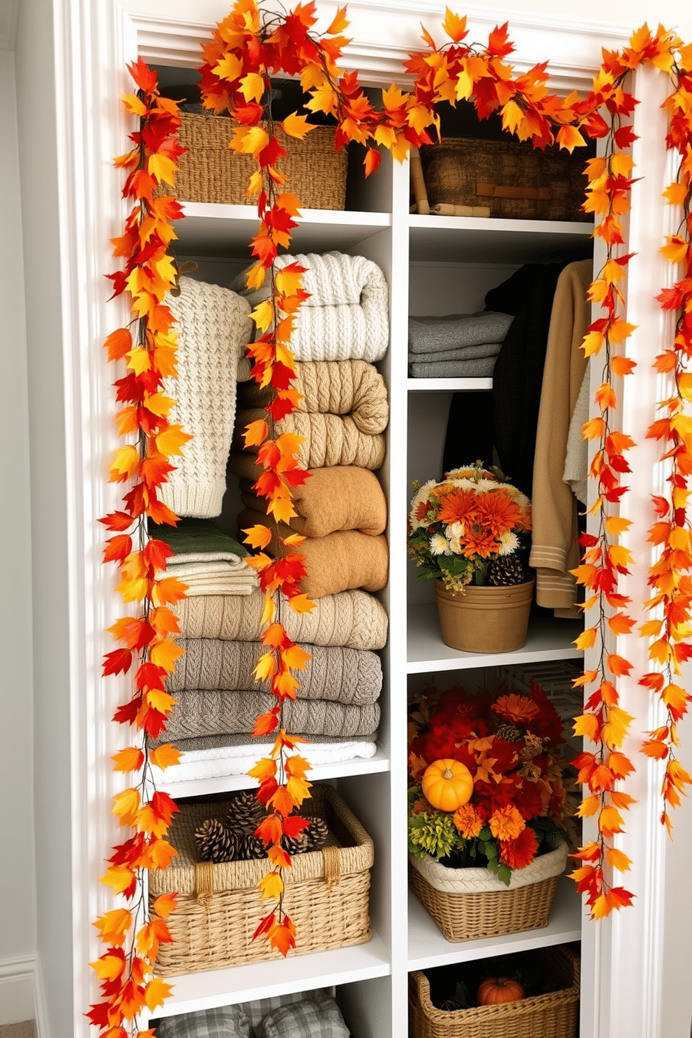 Autumn-themed garlands drape elegantly around the closet, showcasing vibrant leaves in shades of orange, yellow, and red. Small pumpkins and acorns are interspersed throughout the garlands, adding a festive touch to the decor. Inside the closet, cozy blankets and seasonal sweaters are neatly organized, creating a warm and inviting atmosphere. Decorative baskets filled with pinecones and autumn flowers sit on the shelves, enhancing the Thanksgiving spirit.